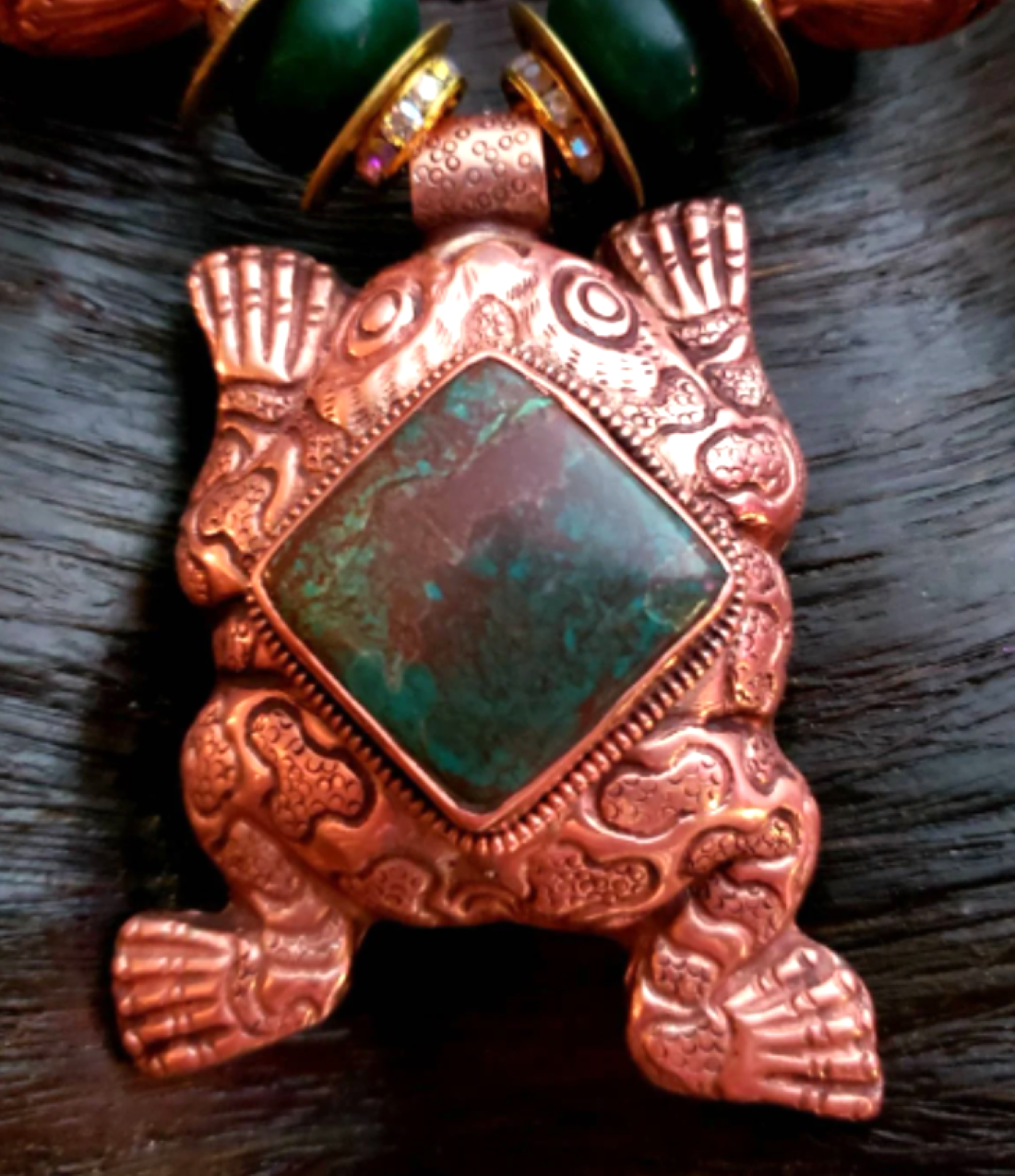 Luxury Tibetan Copper Repousse & Emerald Oversized Beaded Statement Necklace - Tibetan Copper Repousse Frog Tribal Statement Pendant  Kat Kouture Jewelry