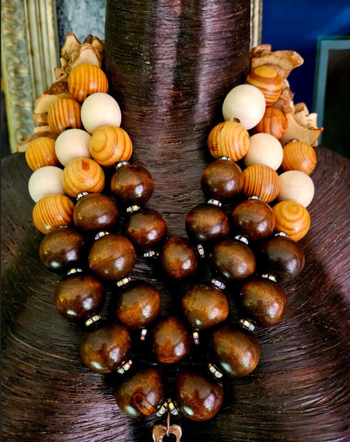 Earth Tone Oversized Beaded Statement Necklace with Ganesh God Pendant, Exotic Tribal Lightweight Chest Piece
