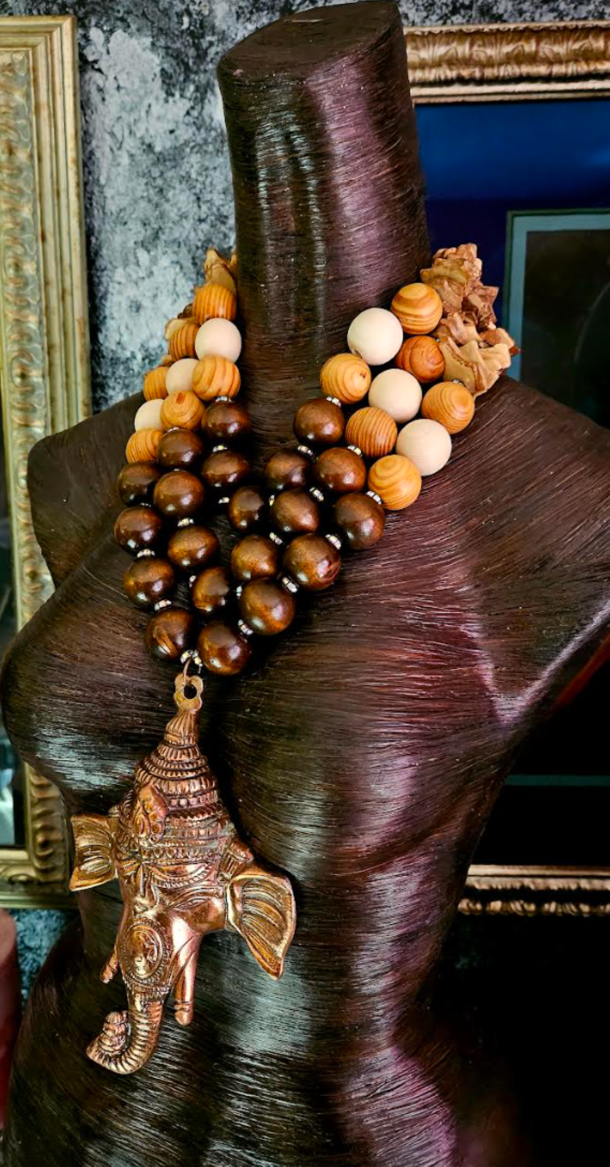 Earth Tone Oversized Beaded Statement Necklace with Ganesh God Pendant, Exotic Tribal Lightweight Chest Piece
