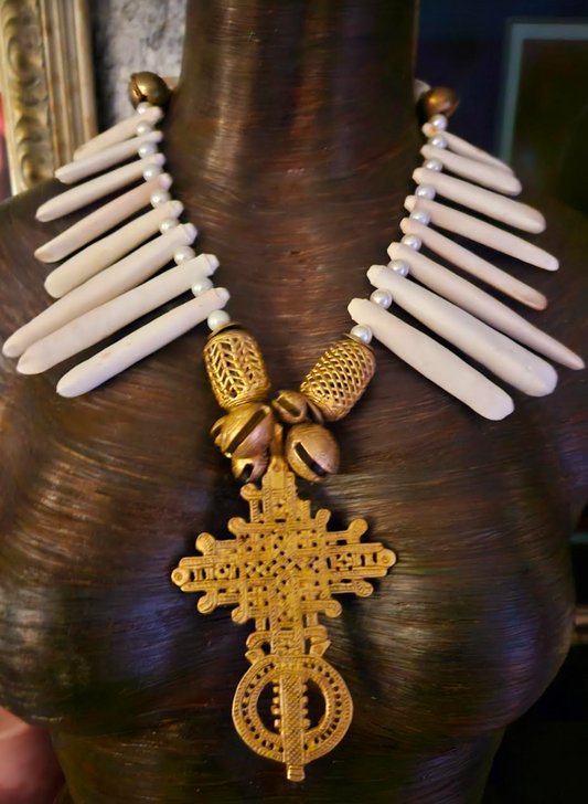 Brass Coptic Cross & White Abalone Shell Statement Necklace, Ethiopian Religious Talisman Chest Piece, Unisex Spiritual Amulet