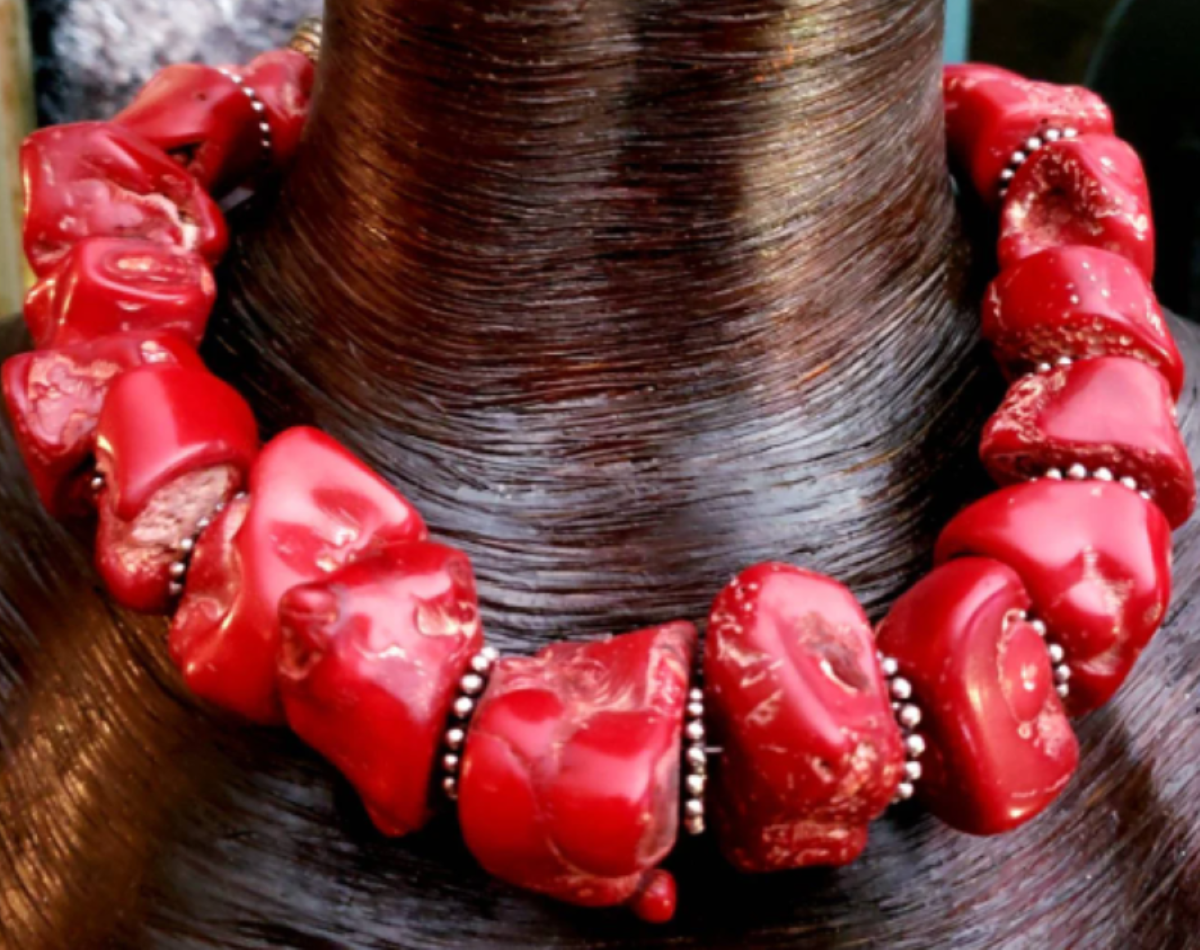 Red Coral Nugget Single Strand Necklace - Bold Chunky & Dramatic Shell Statement Choker - OOAK Wearable Art from Kat Kouture