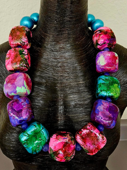Hand Sculpted Alcohol Ink Jewel Tone Cubed Beaded Statement Necklace, Iris Apfel Style Jewelry, Catwalk Houte Couture Chest Piece