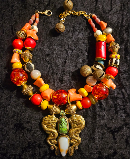 Mixed Media Luxury Tribal Beaded Statement Necklace with Double Dragon Pendant