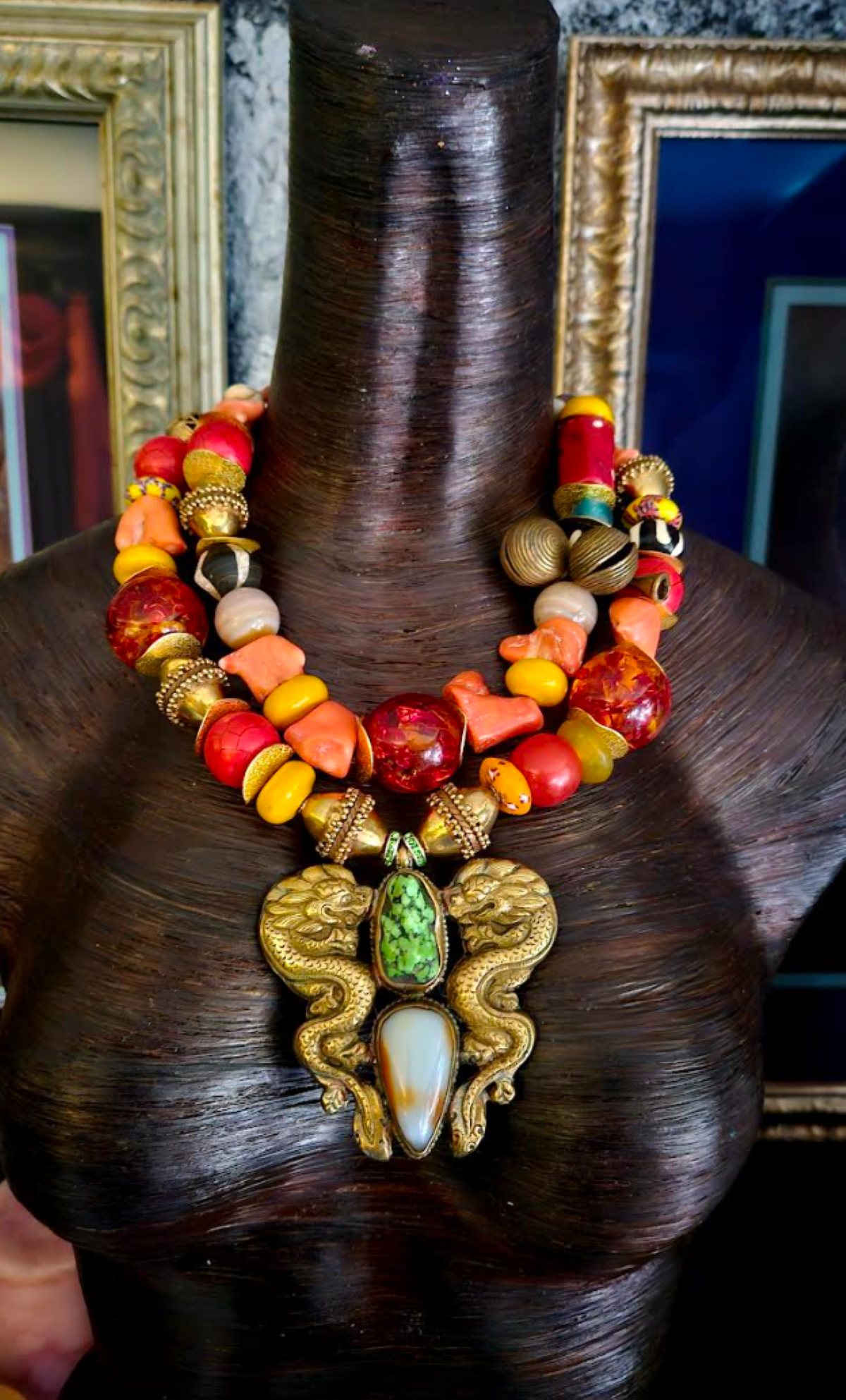 Mixed Media Luxury Tribal Beaded Statement Necklace with Double Dragon Pendant