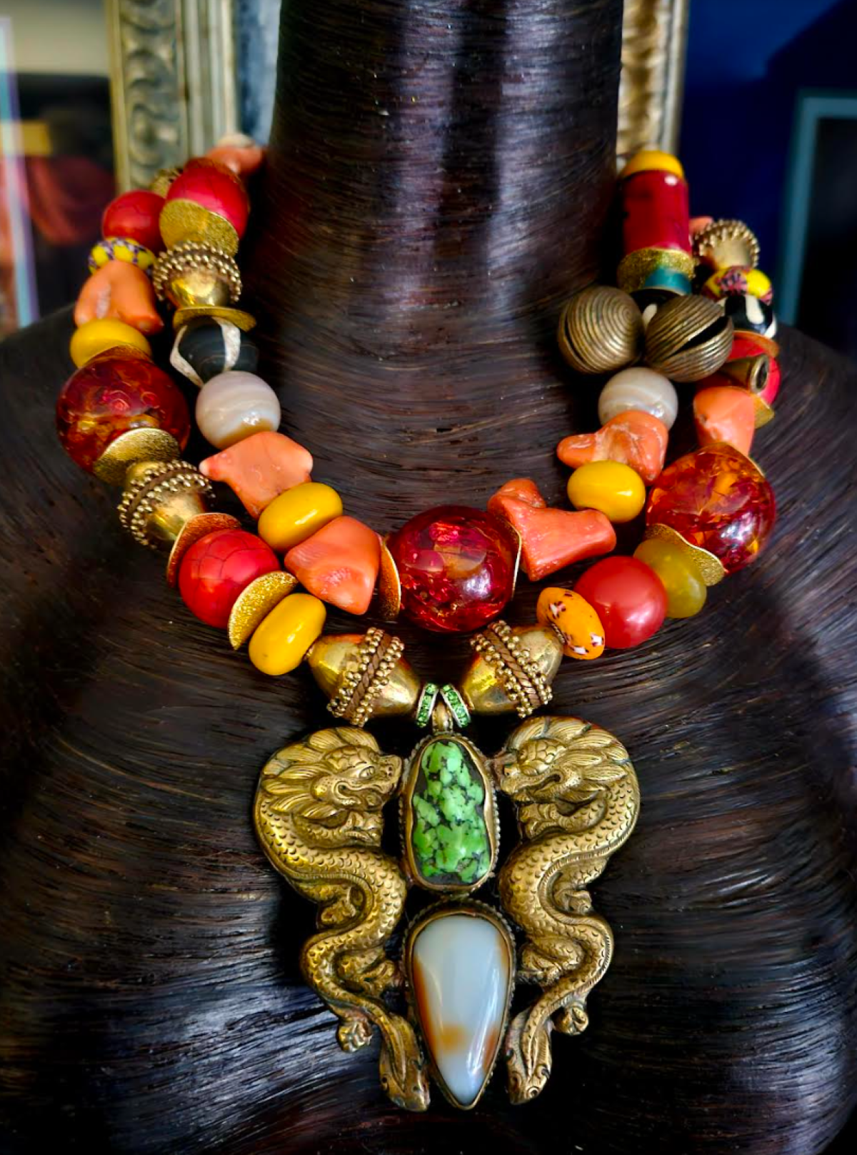 Mixed Media Luxury Tribal Beaded Statement Necklace with Double Dragon Pendant