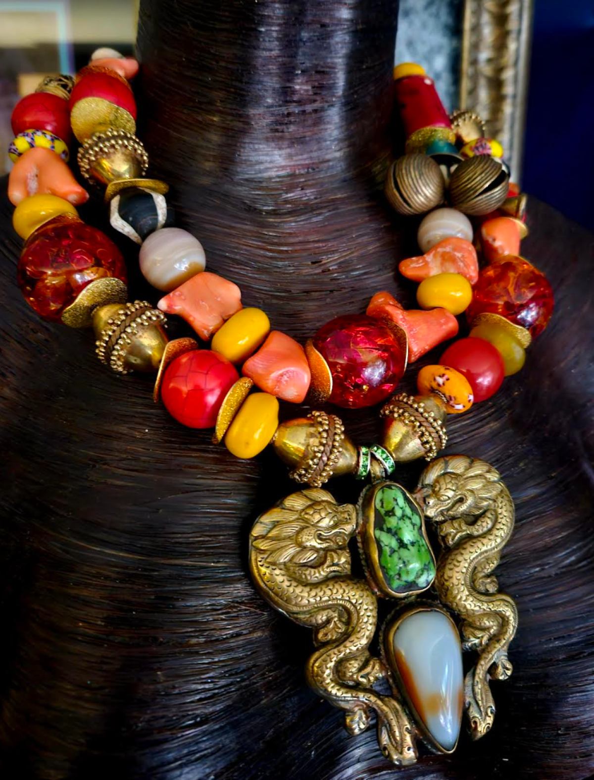 Mixed Media Luxury Tribal Beaded Statement Necklace with Double Dragon Pendant