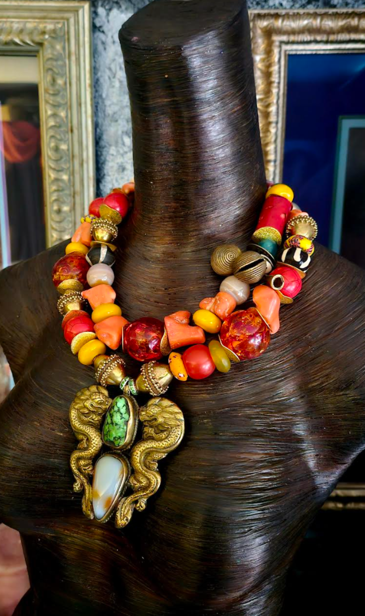 Mixed Media Luxury Tribal Beaded Statement Necklace with Double Dragon Pendant