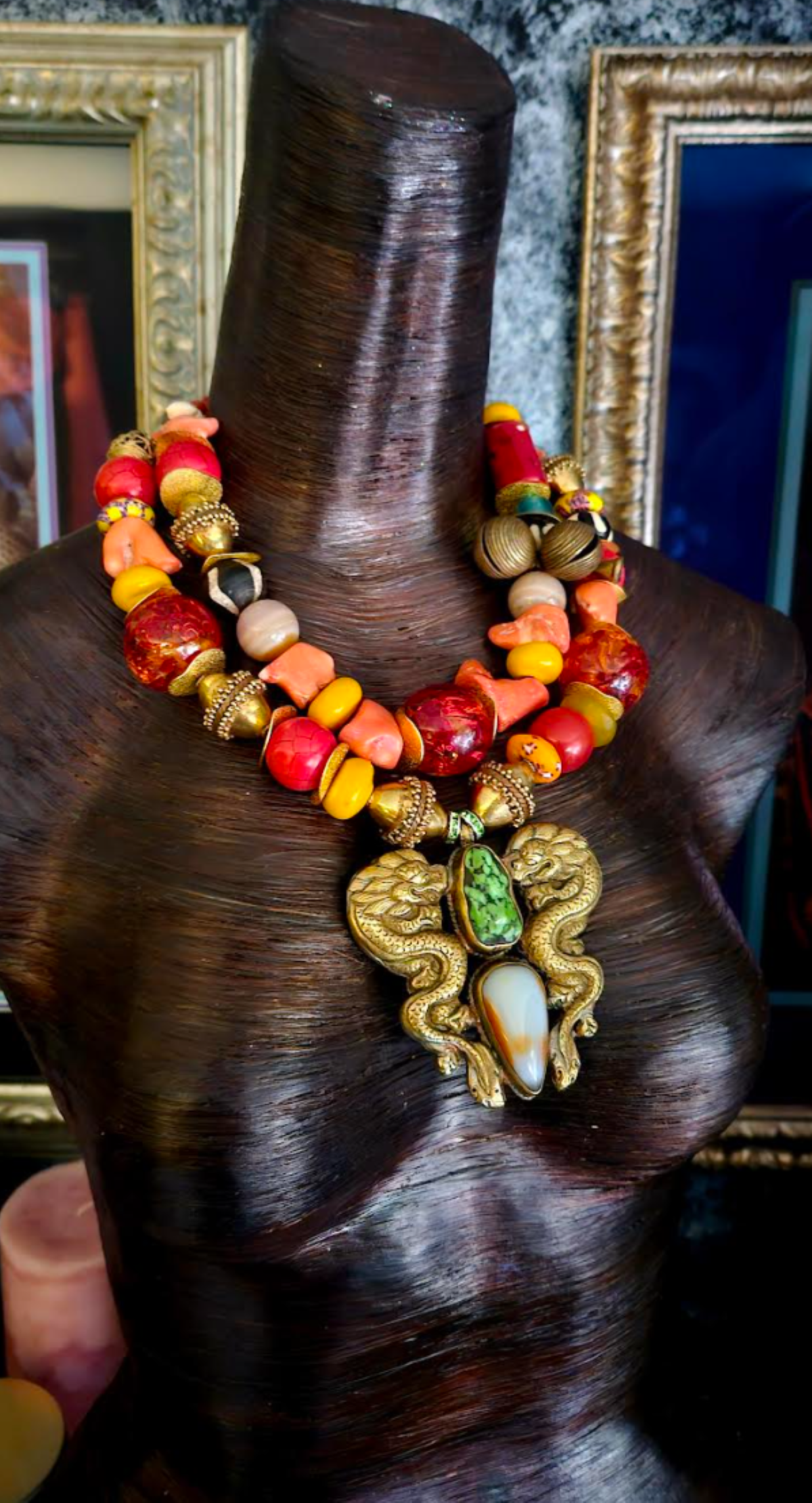 Mixed Media Luxury Tribal Beaded Statement Necklace with Double Dragon Pendant