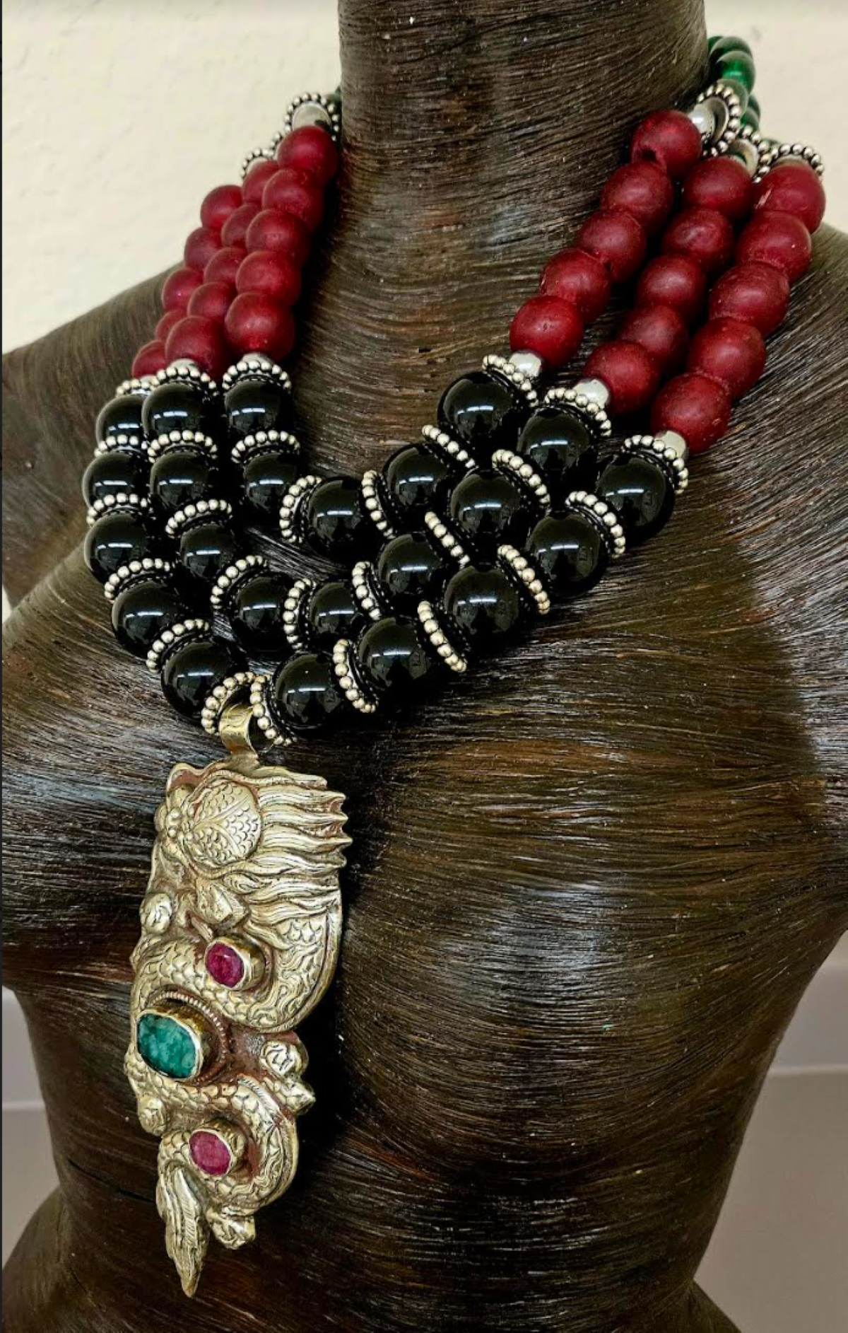 Ornate Tibetan Dragon Pendant on Multi Strand Onyx & Glass Bib Necklace, Red Green Black and Silver Beaded Chest Piece, Haute Couture Jewelry for Photoshoots