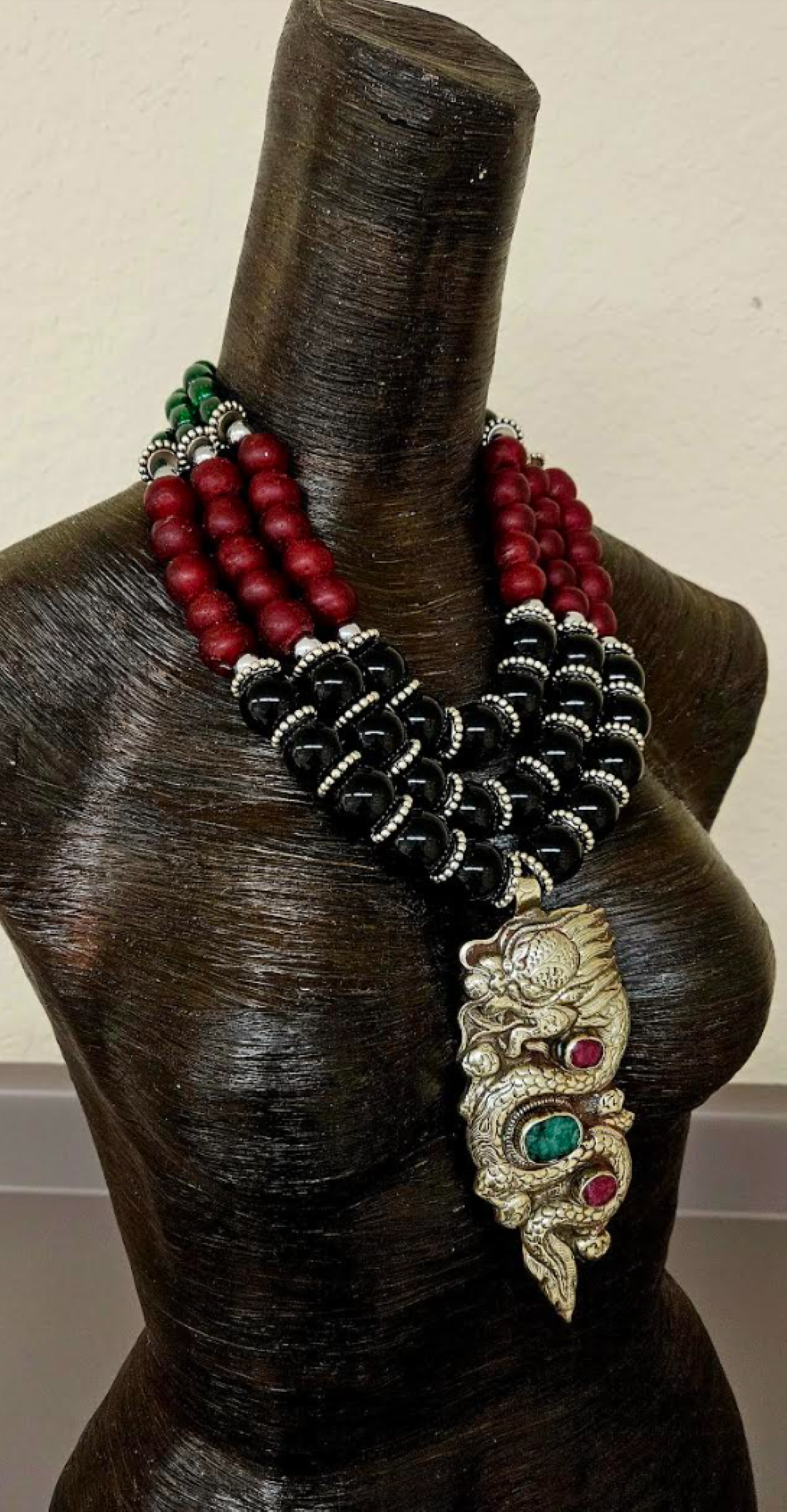 Ornate Tibetan Dragon Pendant on Multi Strand Onyx & Glass Bib Necklace, Red Green Black and Silver Beaded Chest Piece, Haute Couture Jewelry for Photoshoots