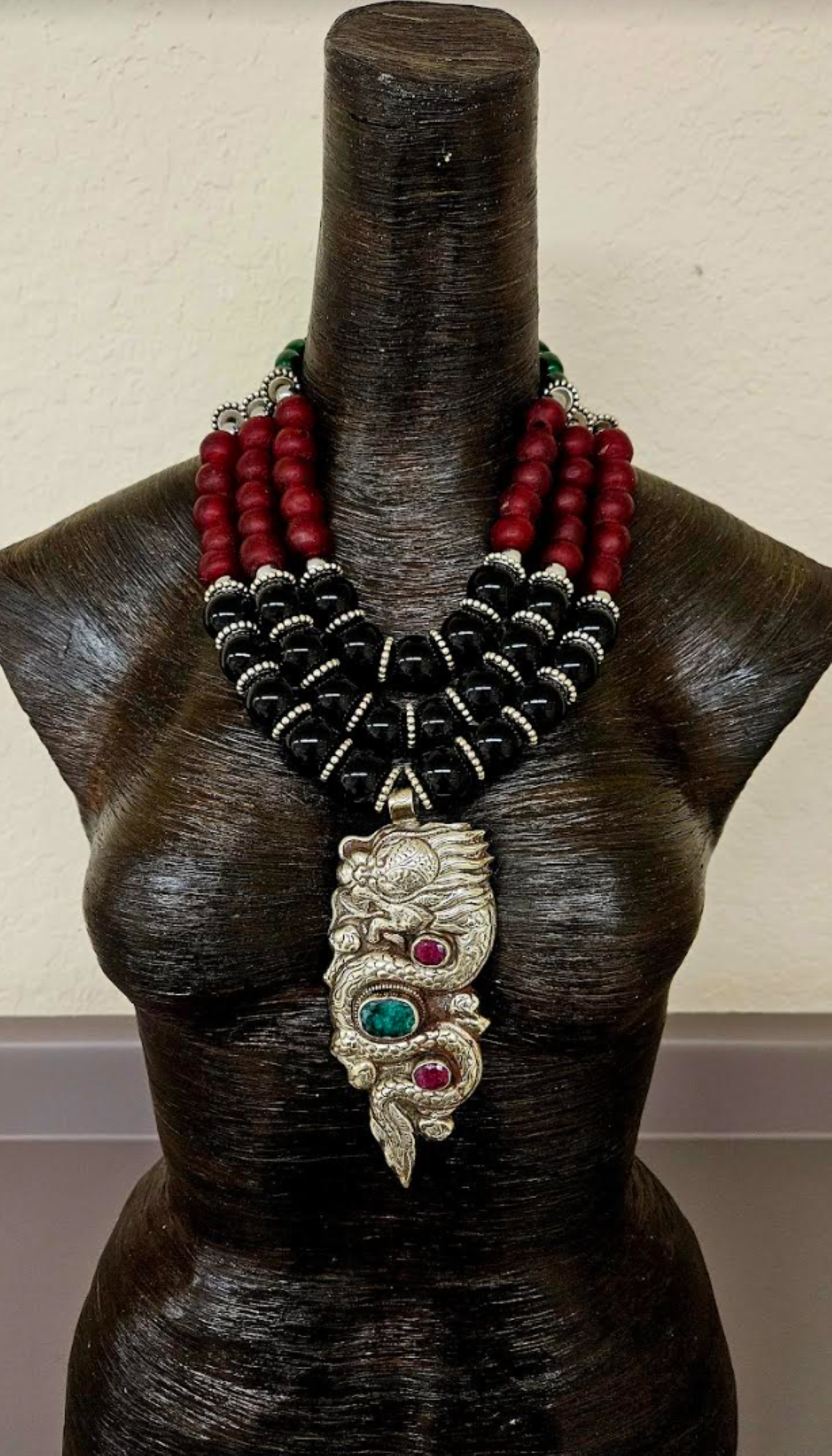 Ornate Tibetan Dragon Pendant on Multi Strand Onyx & Glass Bib Necklace, Red Green Black and Silver Beaded Chest Piece, Haute Couture Jewelry for Photoshoots