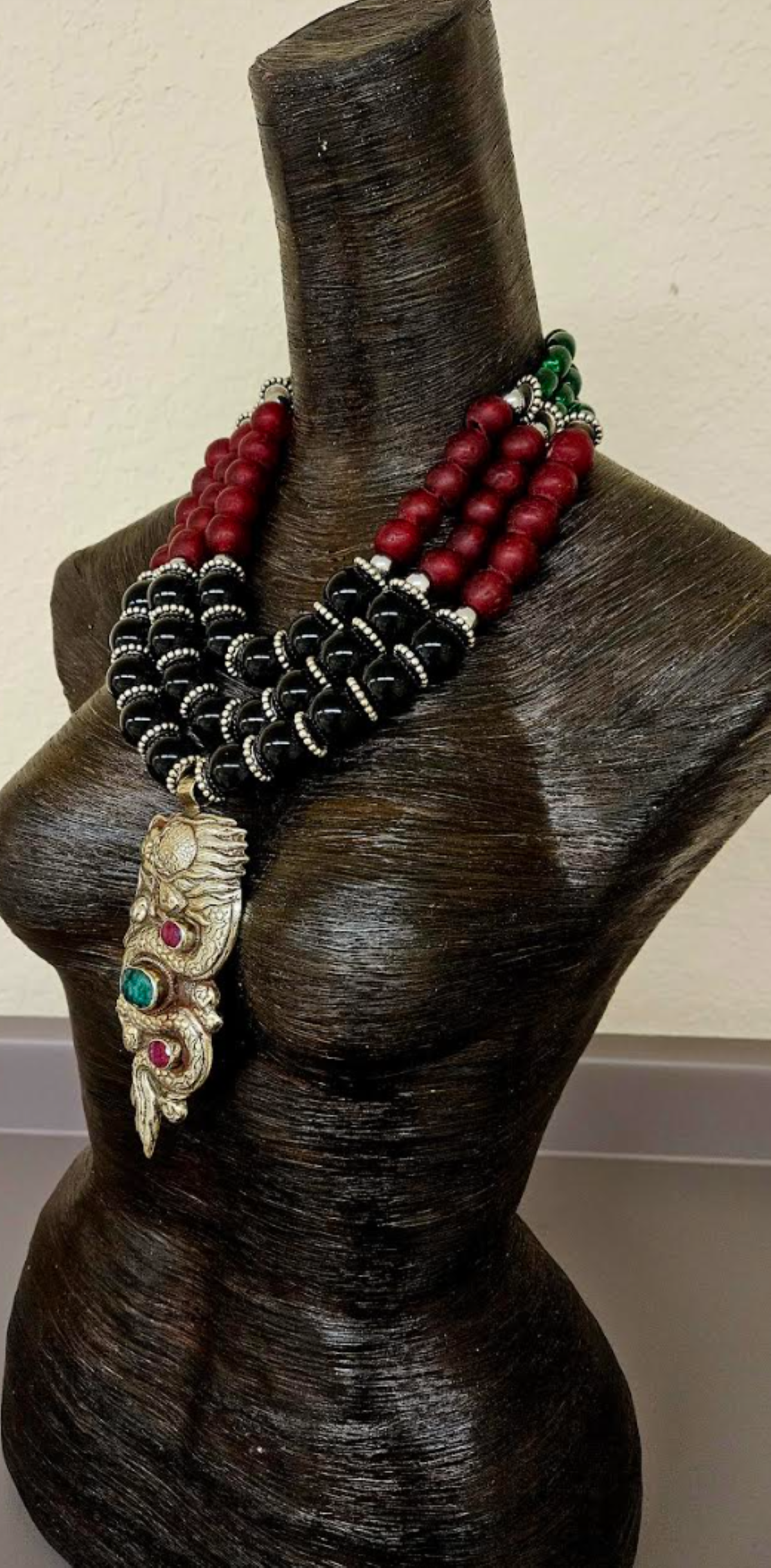 Ornate Tibetan Dragon Pendant on Multi Strand Onyx & Glass Bib Necklace, Red Green Black and Silver Beaded Chest Piece, Haute Couture Jewelry for Photoshoots