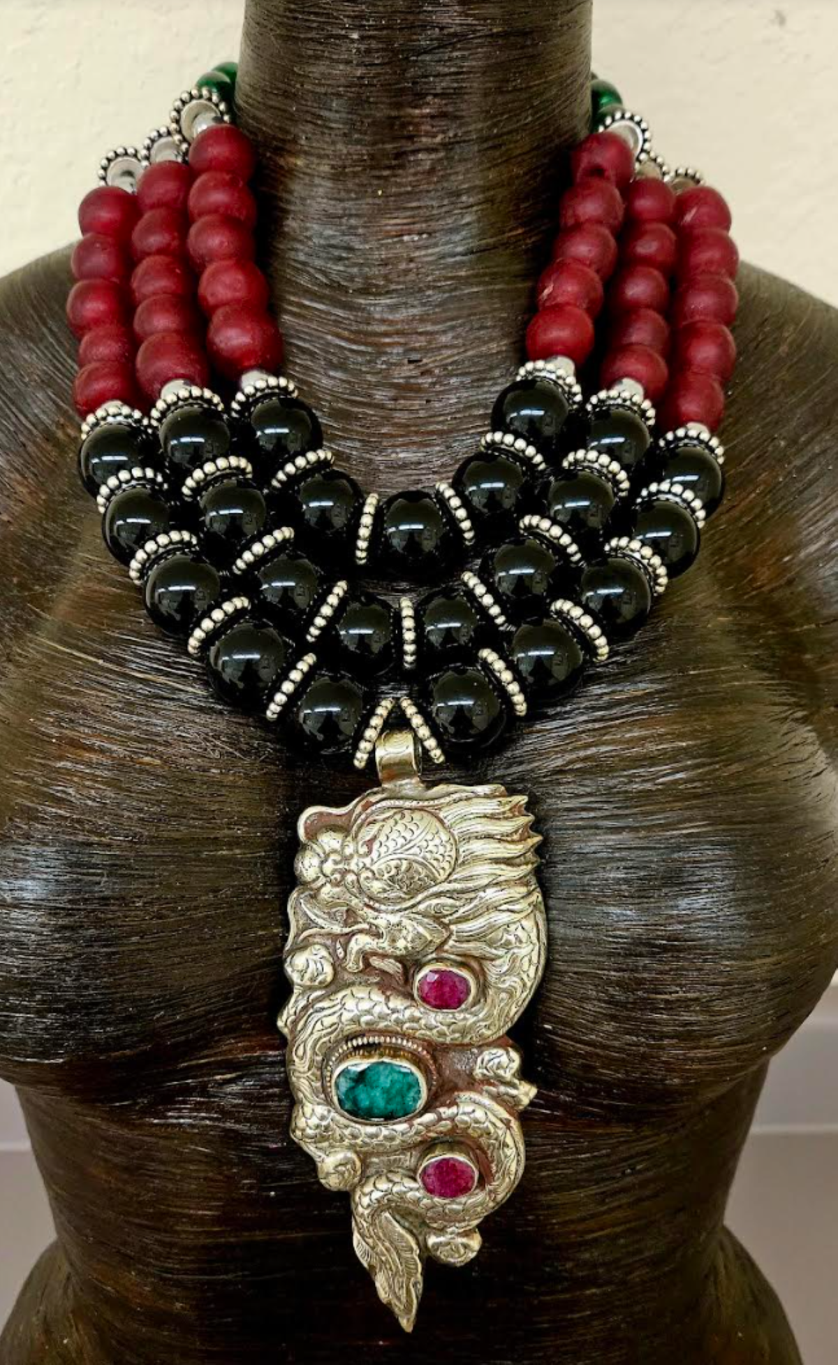 Ornate Tibetan Dragon Pendant on Multi Strand Onyx & Glass Bib Necklace, Red Green Black and Silver Beaded Chest Piece, Haute Couture Jewelry for Photoshoots