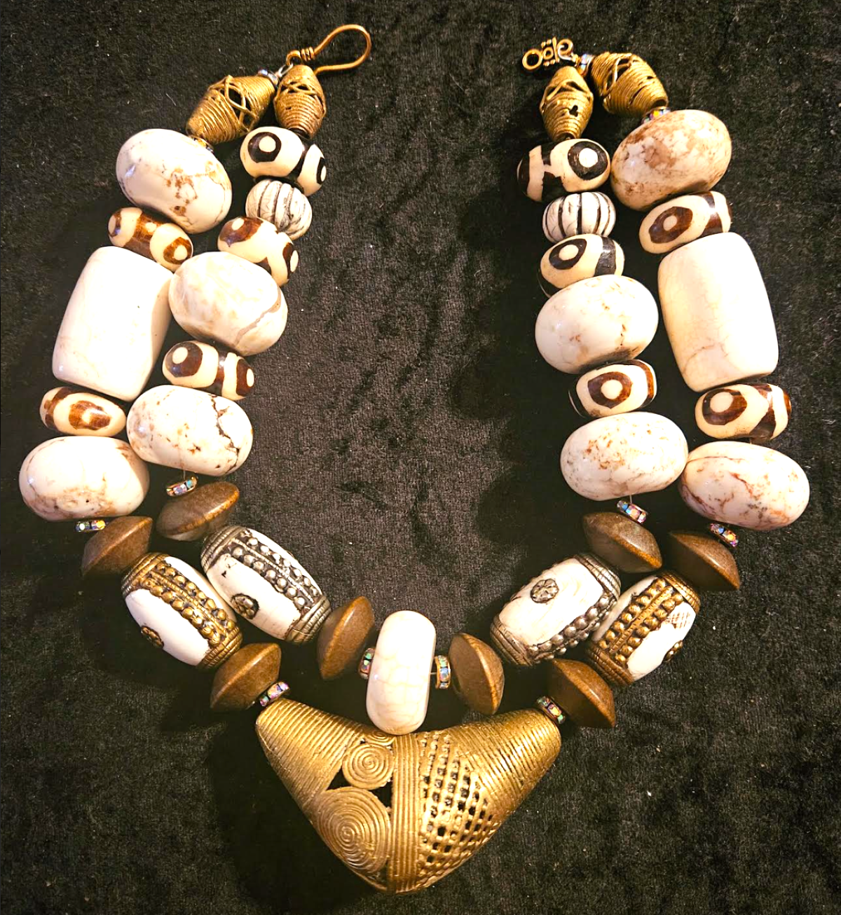 White Brown and Gold Beaded Luxury Tribal Statement Necklace for Socialites - Lost Wax Brass Elbow Off White Summer Neck Candy - Bold Chunky Heavy High End Beaded Choker -  Kat Kouture Jewelry