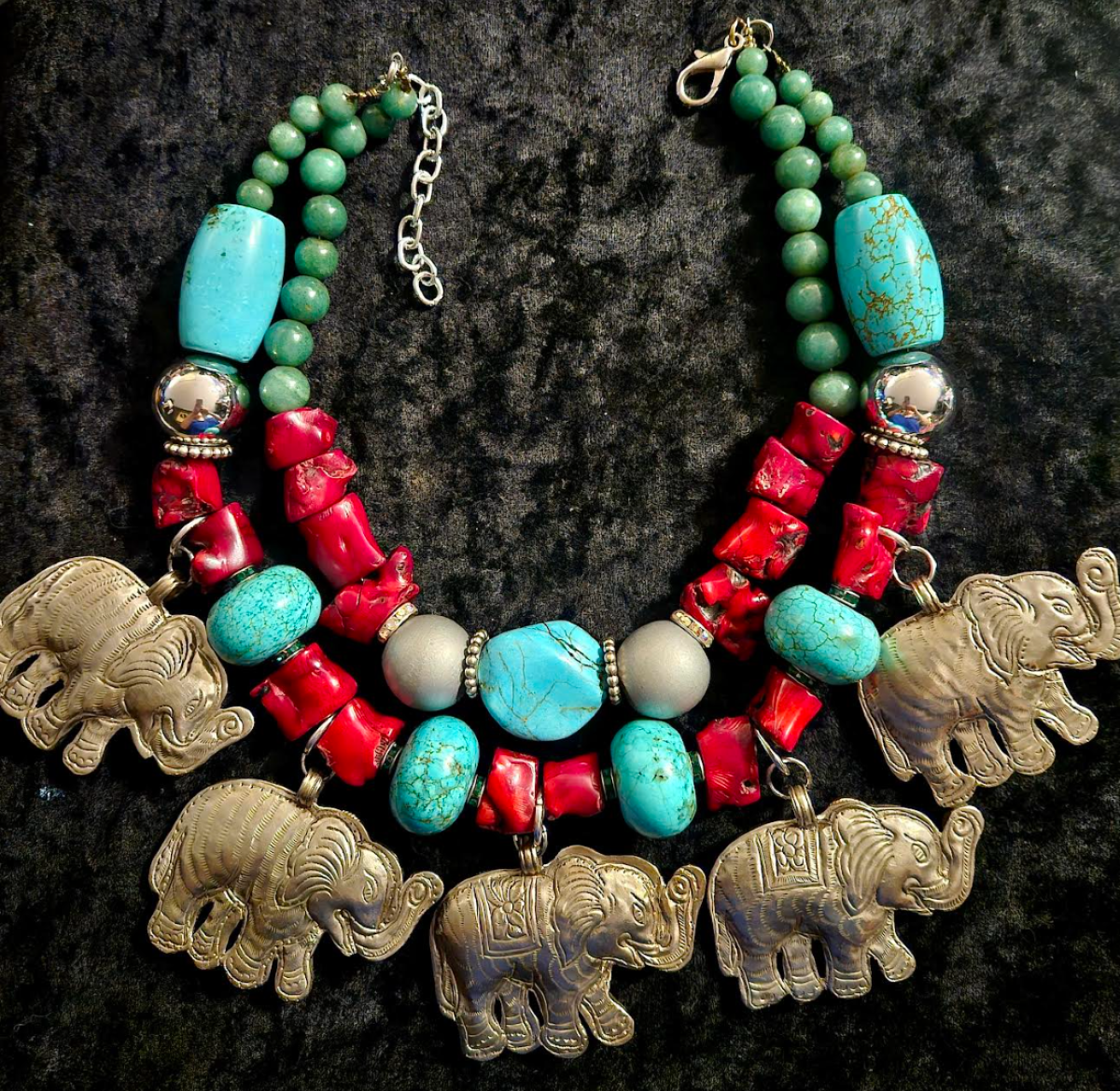 Multi Tibetan Elephant Pendant Gemstone Statement Necklace, Bold Chunky Heavy Tribal Haute Couture Neck Candy, Exotic Ethnic Accessory