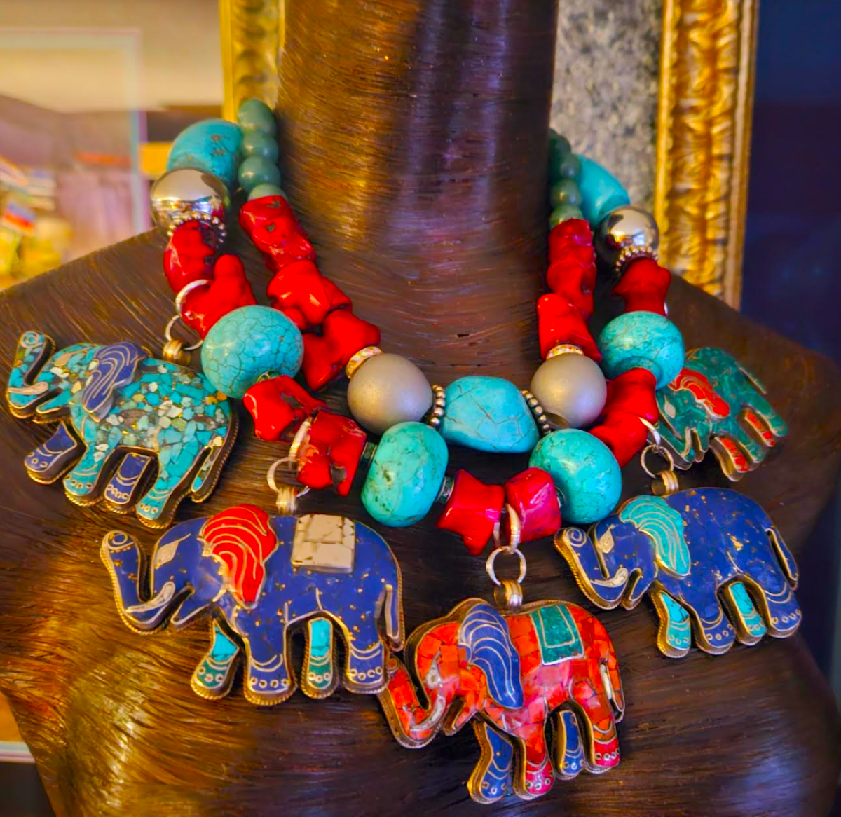 Multi Tibetan Elephant Pendant Gemstone Statement Necklace, Bold Chunky Heavy Tribal Haute Couture Neck Candy, Exotic Ethnic Accessory