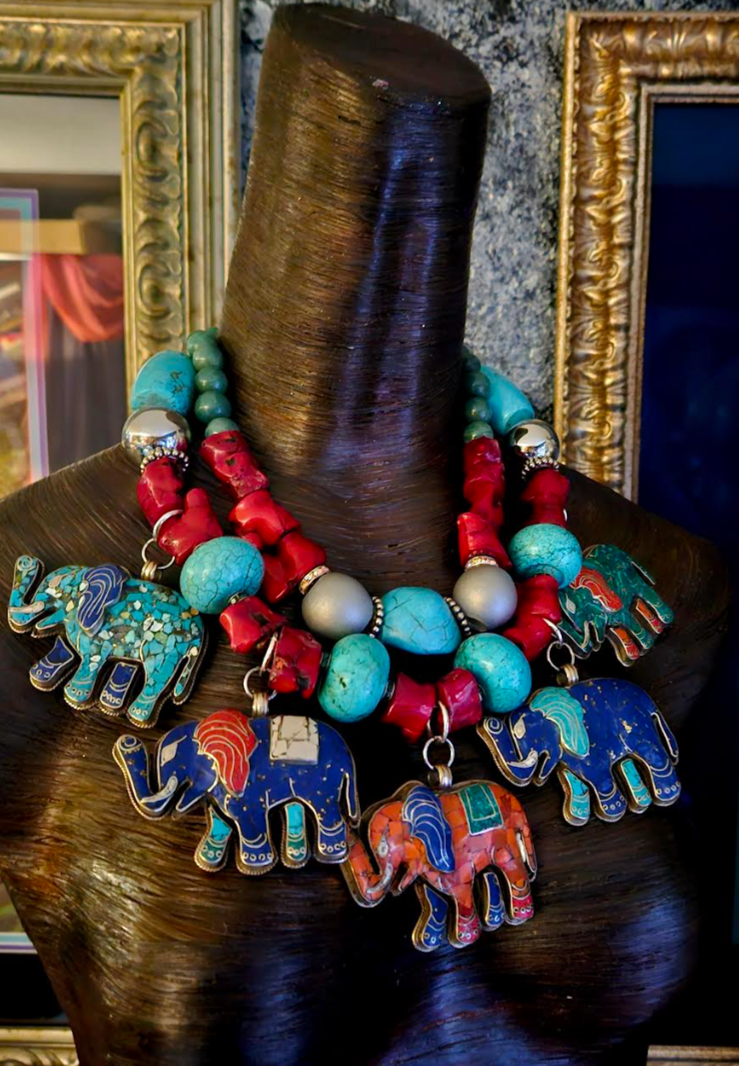 Multi Tibetan Elephant Pendant Gemstone Statement Necklace, Bold Chunky Heavy Tribal Haute Couture Neck Candy, Exotic Ethnic Accessory