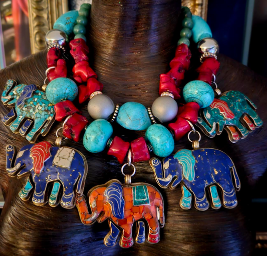 Multi Tibetan Elephant Pendant Gemstone Statement Necklace, Bold Chunky Heavy Tribal Haute Couture Neck Candy, Exotic Ethnic Accessory
