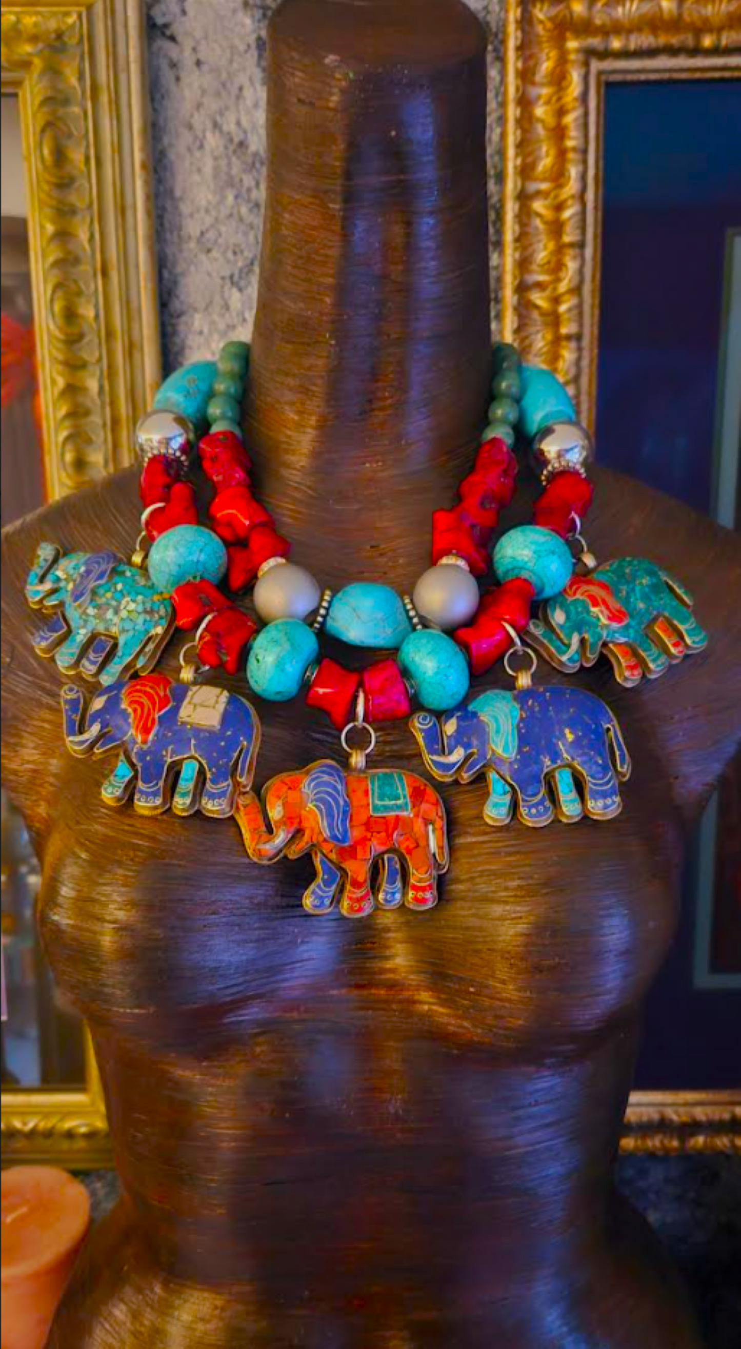 Multi Tibetan Elephant Pendant Gemstone Statement Necklace, Bold Chunky Heavy Tribal Haute Couture Neck Candy, Exotic Ethnic Accessory