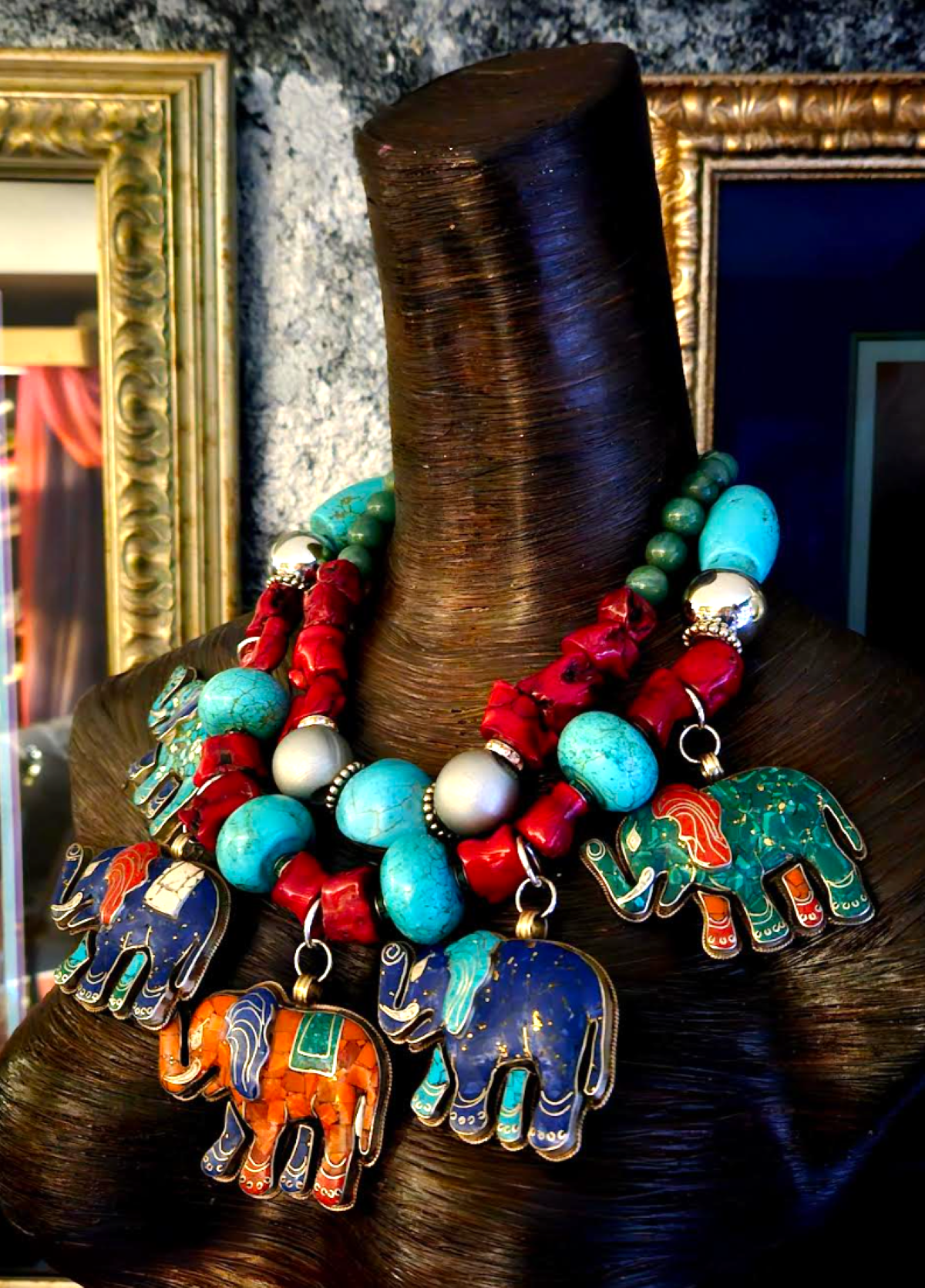 Multi Tibetan Elephant Pendant Gemstone Statement Necklace, Bold Chunky Heavy Tribal Haute Couture Neck Candy, Exotic Ethnic Accessory