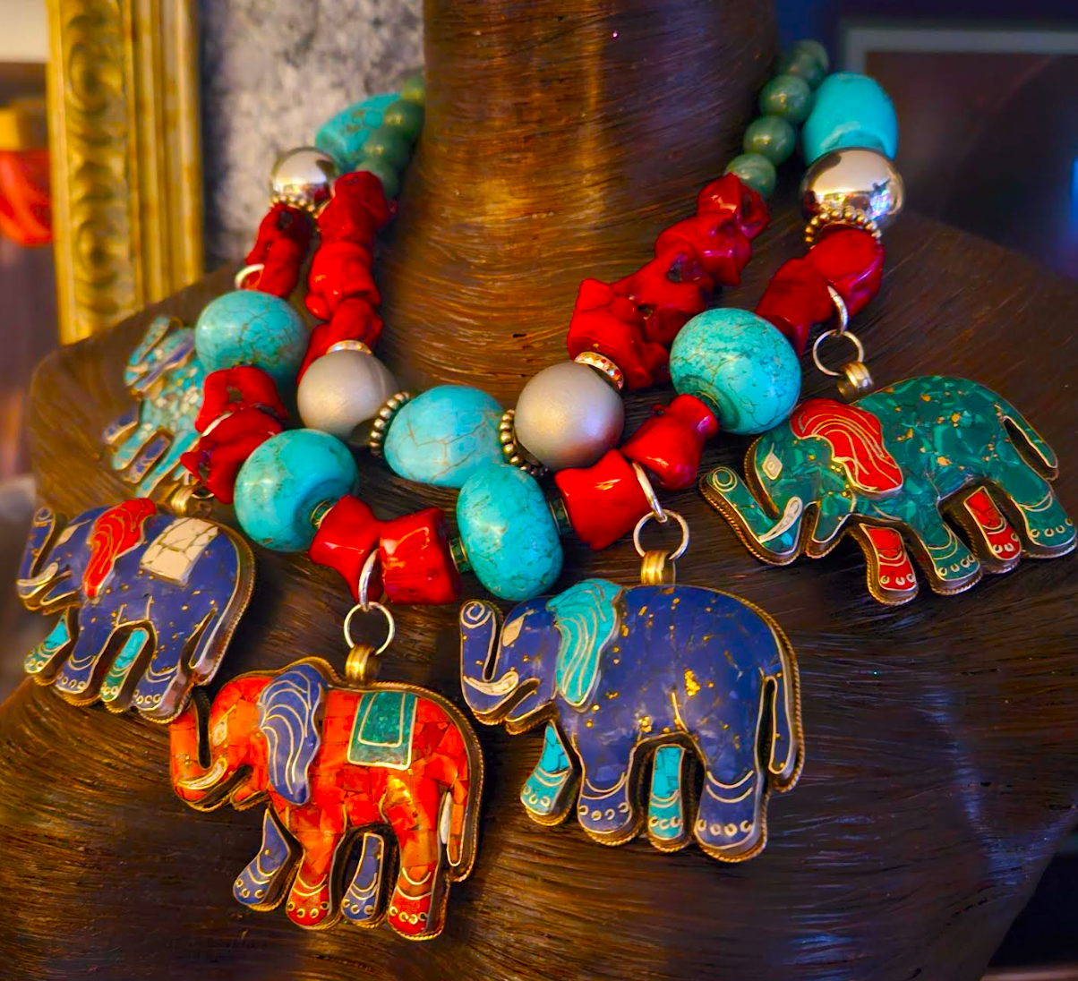 Multi Tibetan Elephant Pendant Gemstone Statement Necklace, Bold Chunky Heavy Tribal Haute Couture Neck Candy, Exotic Ethnic Accessory