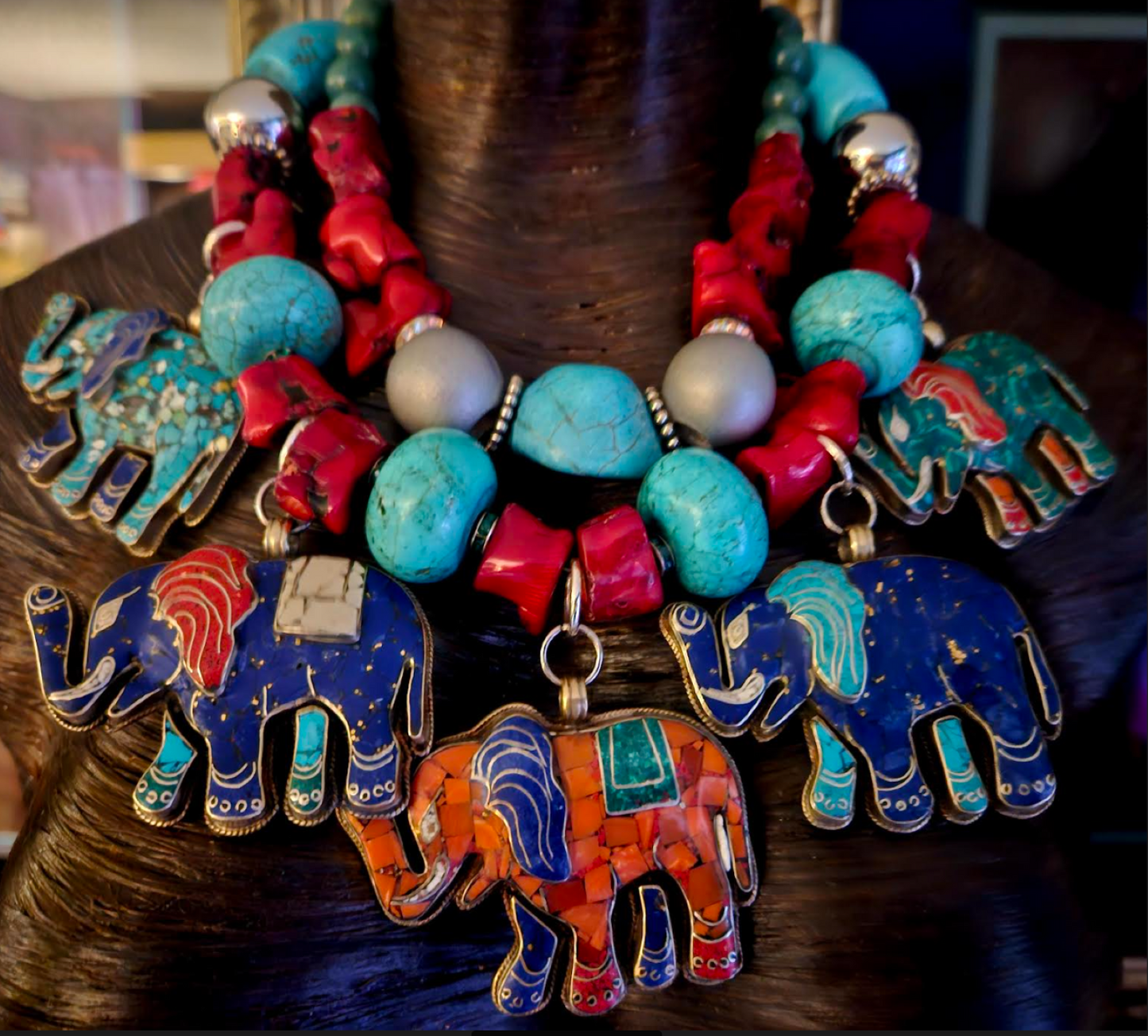 Multi Tibetan Elephant Pendant Gemstone Statement Necklace, Bold Chunky Heavy Tribal Haute Couture Neck Candy, Exotic Ethnic Accessory