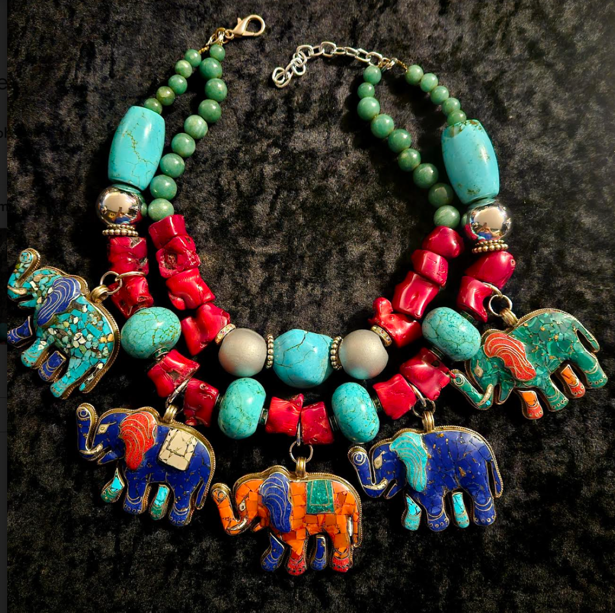 Multi Tibetan Elephant Pendant Gemstone Statement Necklace, Bold Chunky Heavy Tribal Haute Couture Neck Candy, Exotic Ethnic Accessory