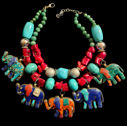 Multi Tibetan Elephant Pendant Gemstone Statement Whimsical Necklace