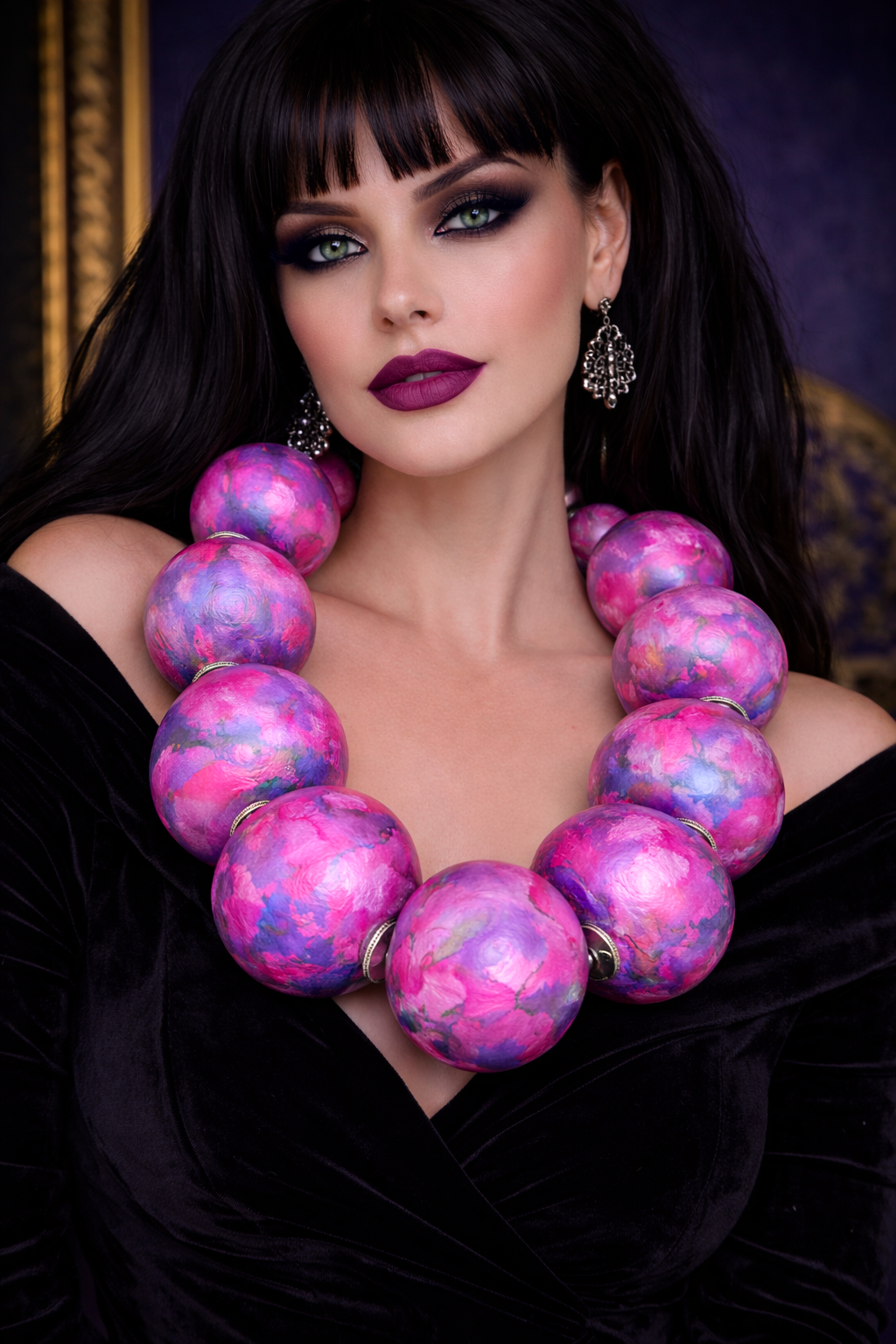 Chest Piece Sculpted Oversized Beads Purple Fuchsia, Statement Neck