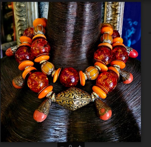 Orange Red & Gold African Tibetan Exotic Tribal Beaded Statement Necklace, Haute Couture Exotic Beaded Choker, Advanced Style Jewelry