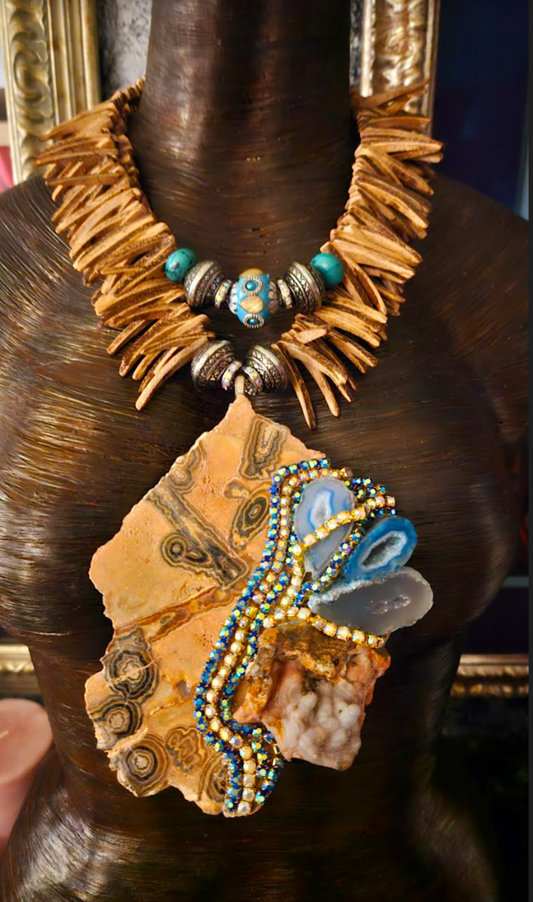 Flowering Onyx Slab with Blue Geodes Pendant on a Coconut Fringe Necklace, Earthy Exotic Gemstone Chest Piece, Casual Attire Necklace