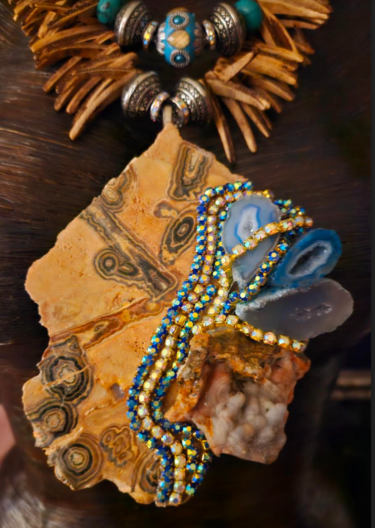 Flowering Onyx Slab with Blue Geodes Pendant on a Coconut Fringe Necklace, Earthy Exotic Gemstone Chest Piece, Casual Attire Necklace