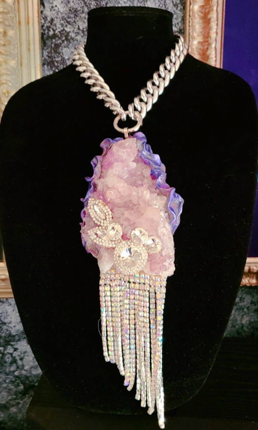 Rare Rough Flower Quartz & Rhinestone Statement Pendant, Modern Art Deco Gemstone Rhinestone Fringe Amulet