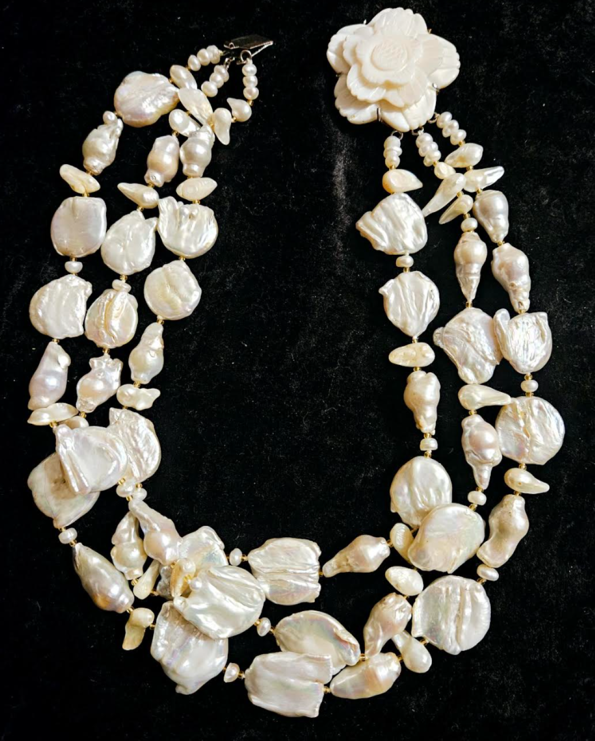 Vintage Freshwater Pearl Triple Strand Statement Necklace, Socialite High End Shell Choker