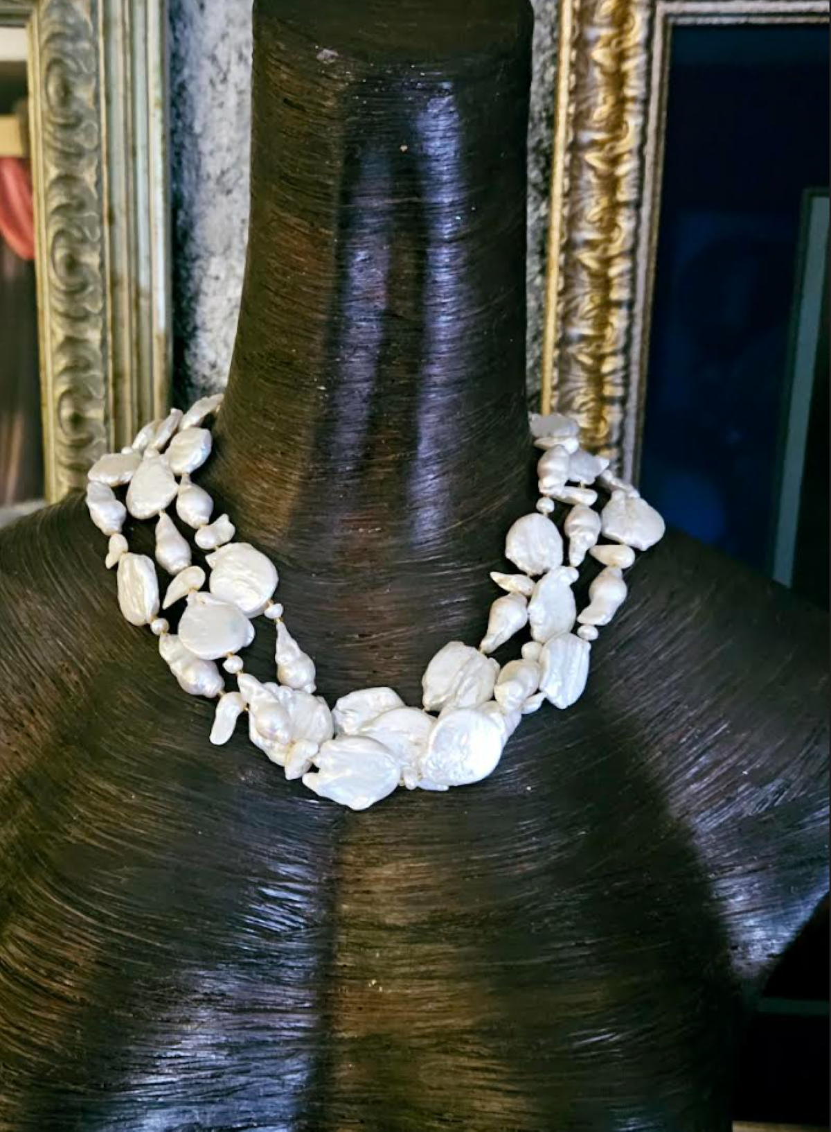 Vintage Freshwater Pearl Triple Strand Statement Necklace, Socialite High End Shell Choker