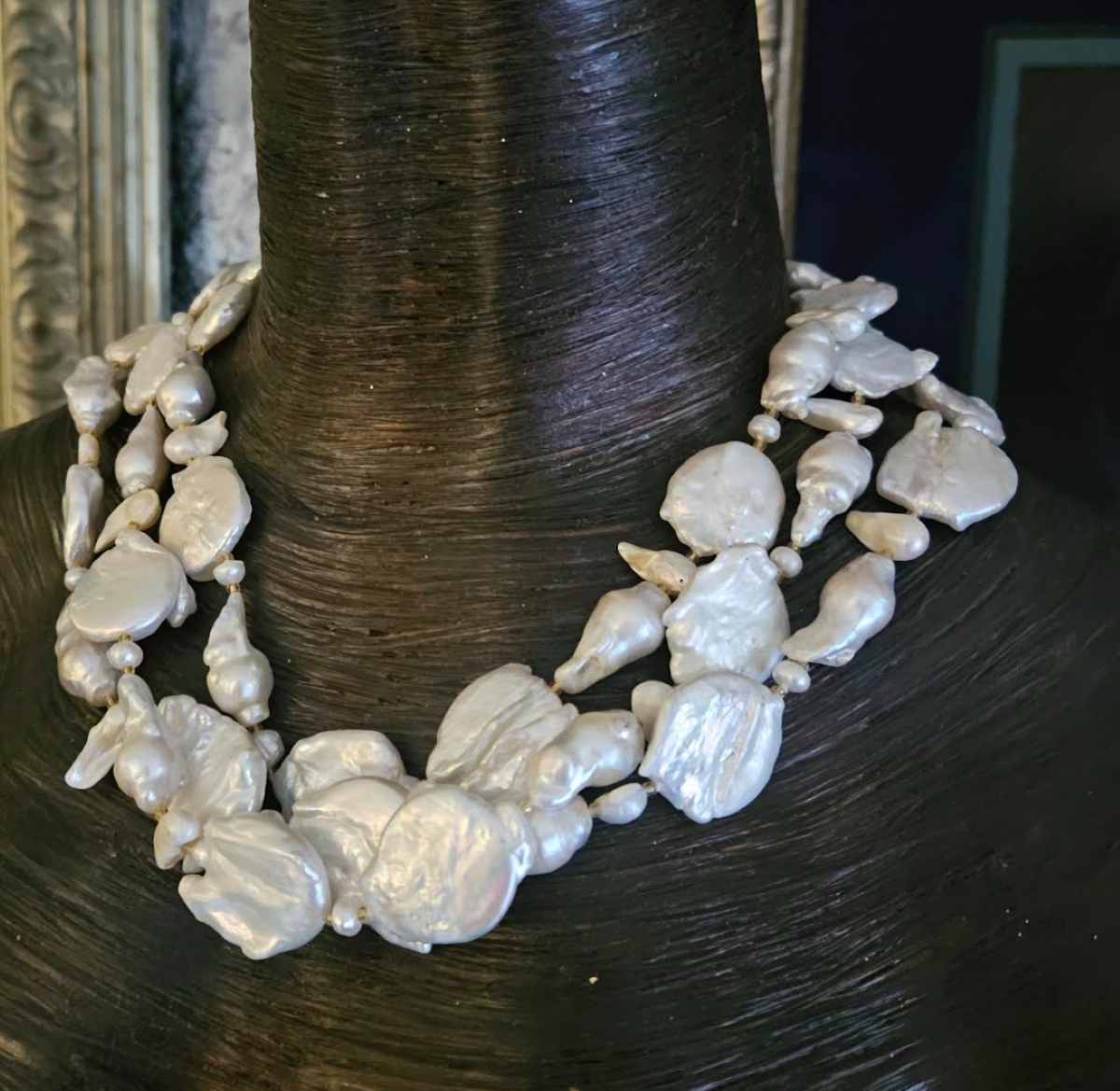 Vintage Freshwater Pearl Triple Strand Statement Necklace, Socialite High End Shell Choker