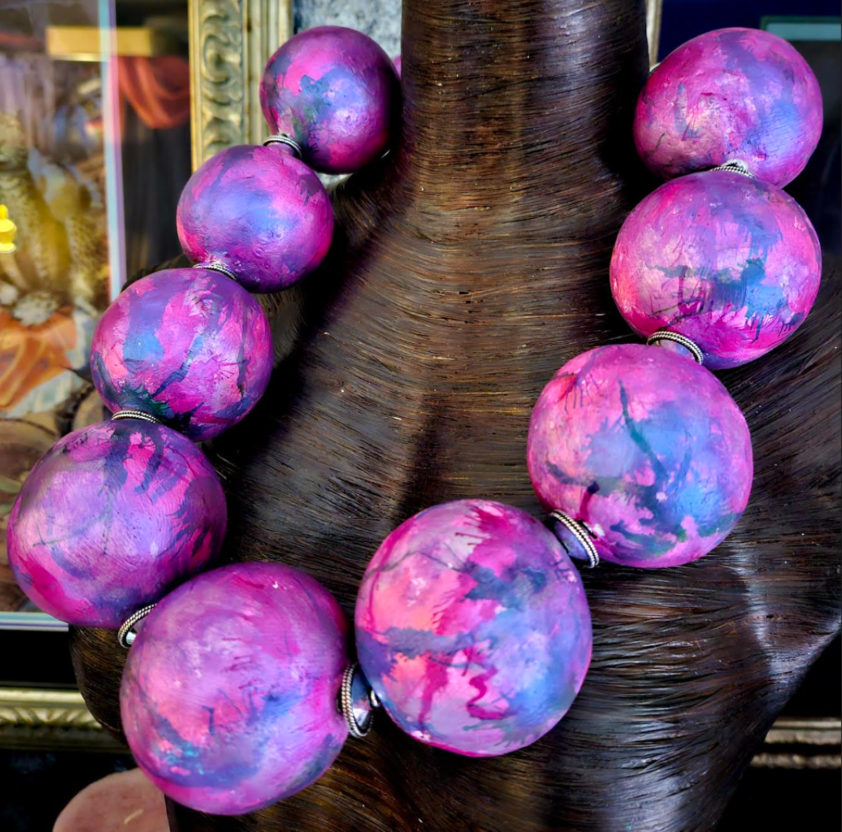 Chest Piece Sculpted Oversized Beads Purple Fuchsia, Statement Necklace Massive Orbs Women, Jewelry OOAK Art to Wear