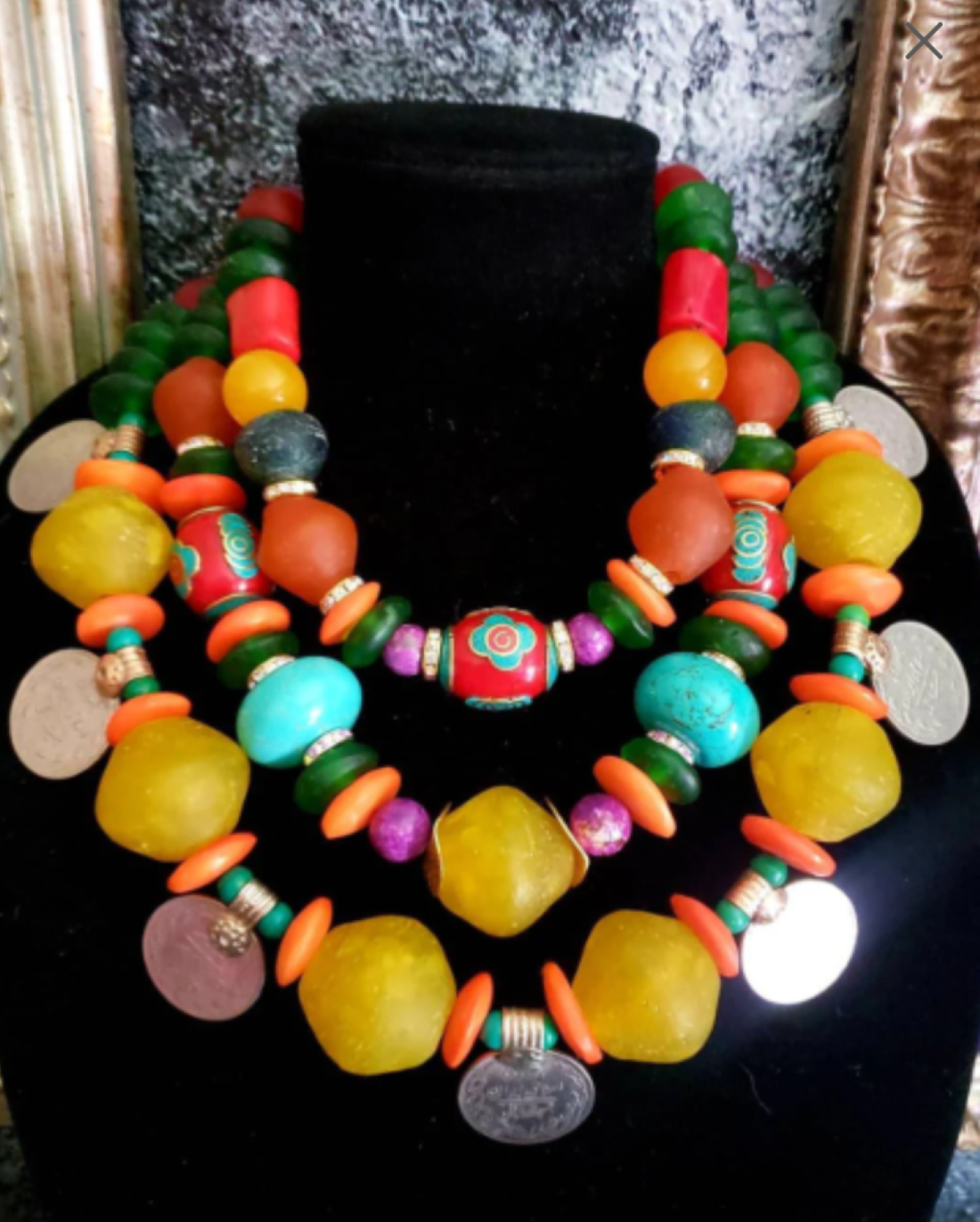 Oversized Beaded Mixed Media Tribal Statement Necklace with Kuchi Coins - Colorful Bold Chunky & Heavy Ethnic Multi Strand Unisex Necklace - Kat Kouture Jewelry