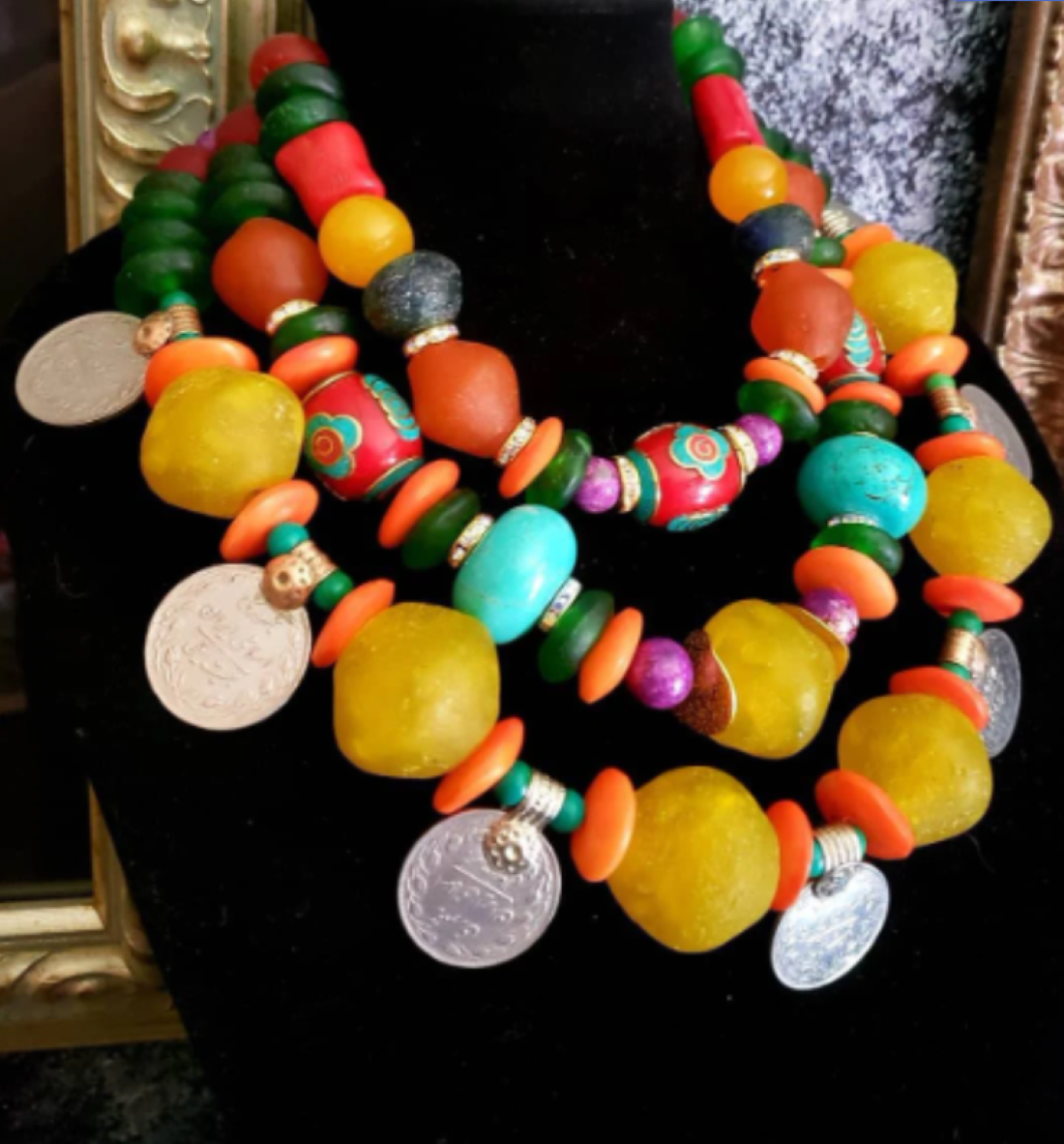 Oversized Beaded Mixed Media Tribal Statement Necklace with Kuchi Coins - Colorful Bold Chunky & Heavy Ethnic Multi Strand Unisex Necklace - Kat Kouture Jewelry