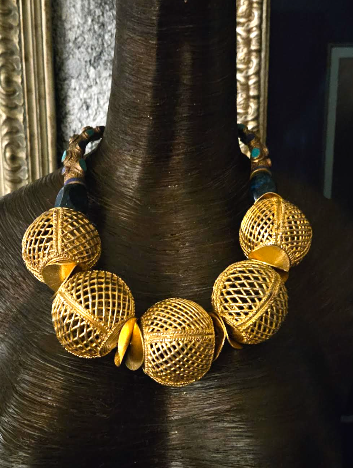 Lost Wax Brass Oversized Globe Statement Necklace, African Inspired Socialite Haute Couture Jewelry