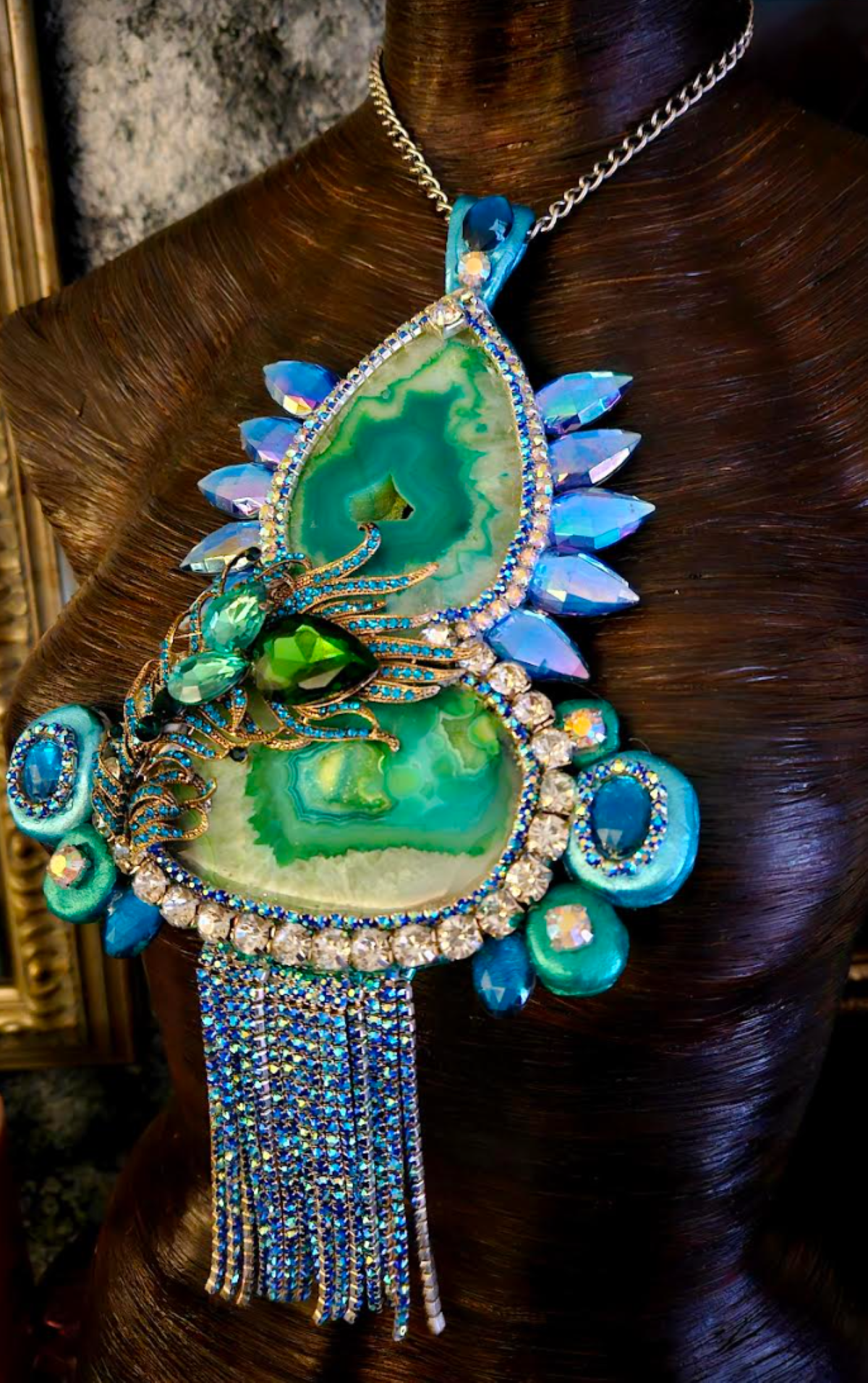 Art Deco Sculpted Crystal & Rhinestone Statement Pendant - Stunning Blue Green Bling Bling Chest Piece -  Flapper Jewelry from Kat Kouture Designs
