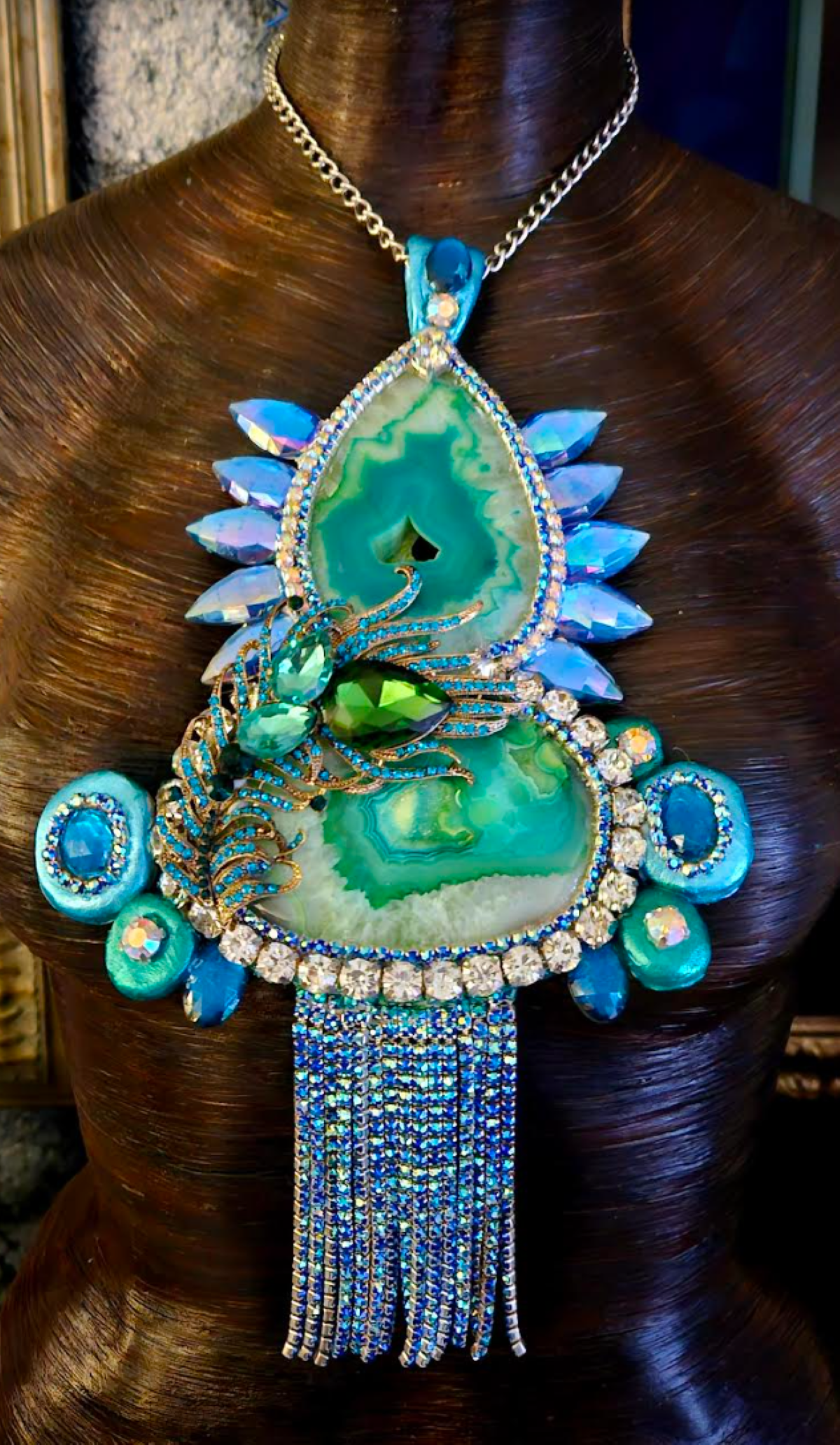 Art Deco Sculpted Crystal & Rhinestone Statement Pendant - Stunning Blue Green Bling Bling Chest Piece -  Flapper Jewelry from Kat Kouture Designs