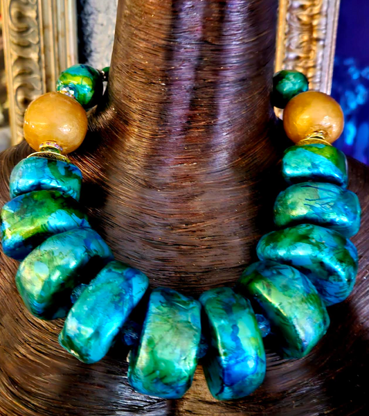 Massive Hand Sculpted Green Metallic Beaded Statement Necklace Mermaid Jewelry Haute Couture Photoshoot Magazine Cover