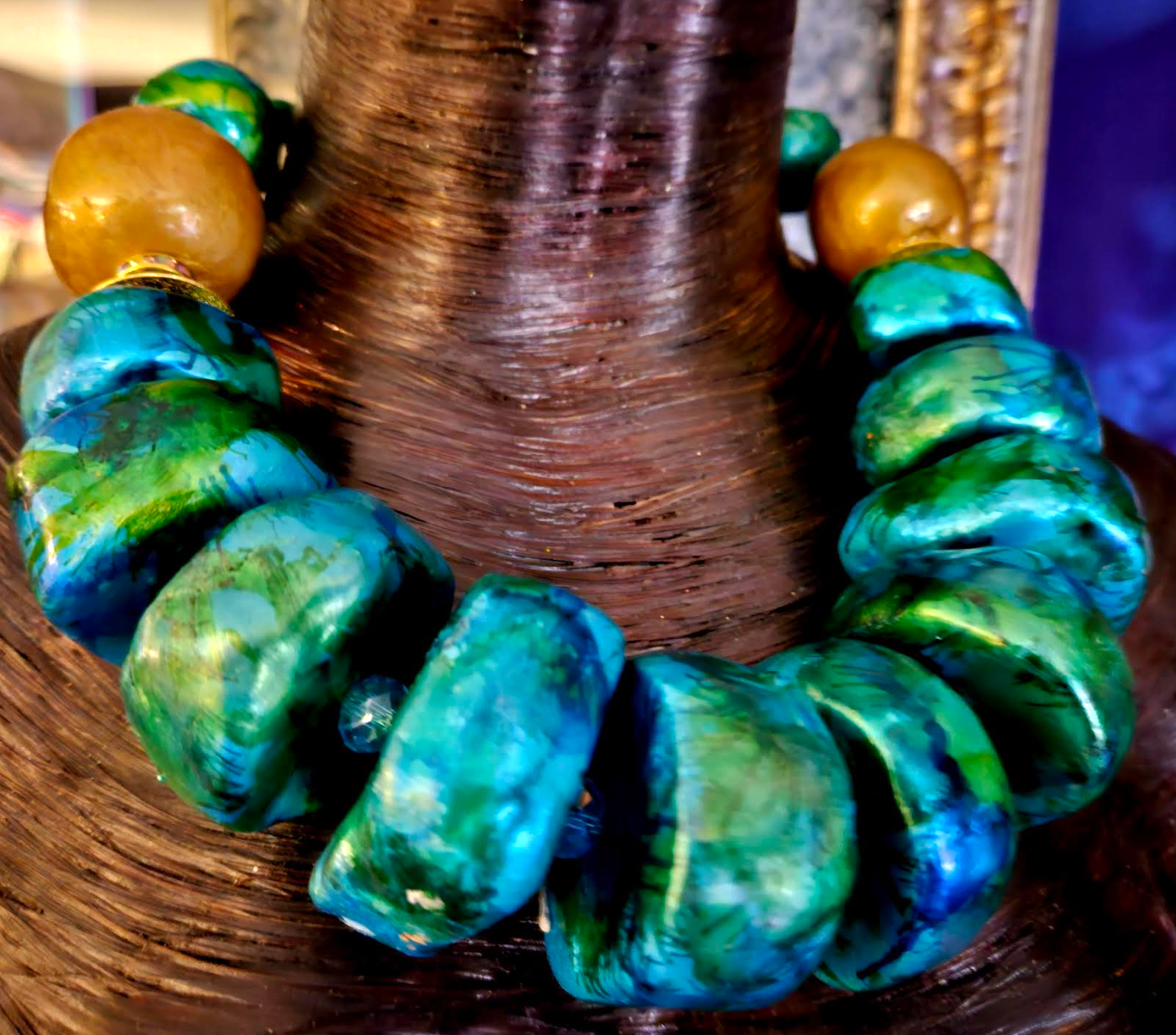 Massive Hand Sculpted Green Metallic Beaded Statement Necklace Mermaid Jewelry Haute Couture Photoshoot Magazine Cover