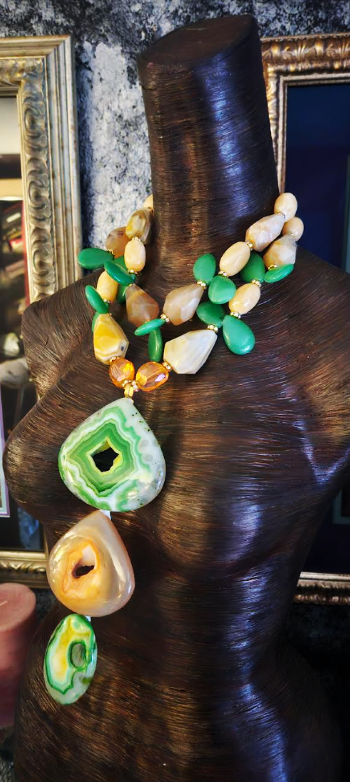 Green & Yellow Druzy Agate Totem on an Agate and Quartz Statement Necklace, OOAK Art to Wear Jewelry, Haute Couture Photoshoot Chest Piece