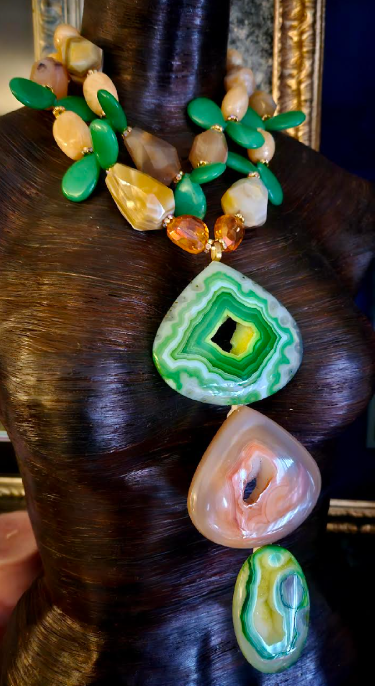 Green & Yellow Druzy Agate Totem on an Agate and Quartz Statement Necklace, OOAK Art to Wear Jewelry, Haute Couture Photoshoot Chest Piece