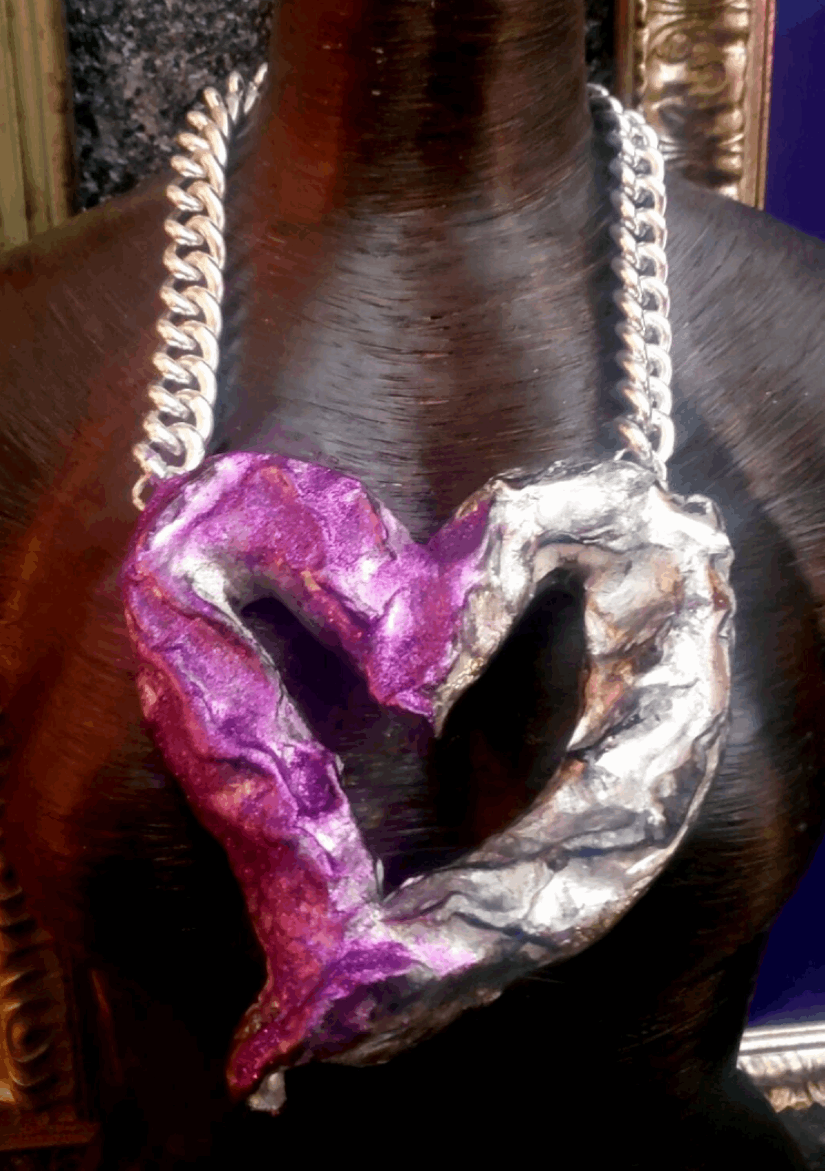 Avant Garde Sculpted Huge Heart Statement Pendant, Purple & Silver Love Chest Piece, Soul Talisman
