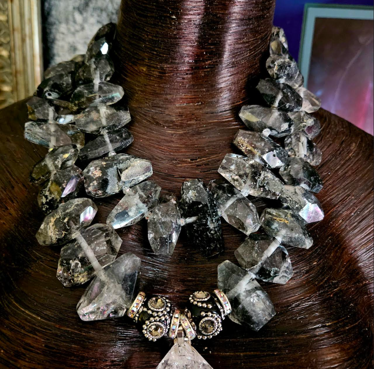 Huge Herkimer Diamond Quartz Pendant with Double Terminated Tibetan Quartz Statement Necklace, Luxury Crystal Chest Piece