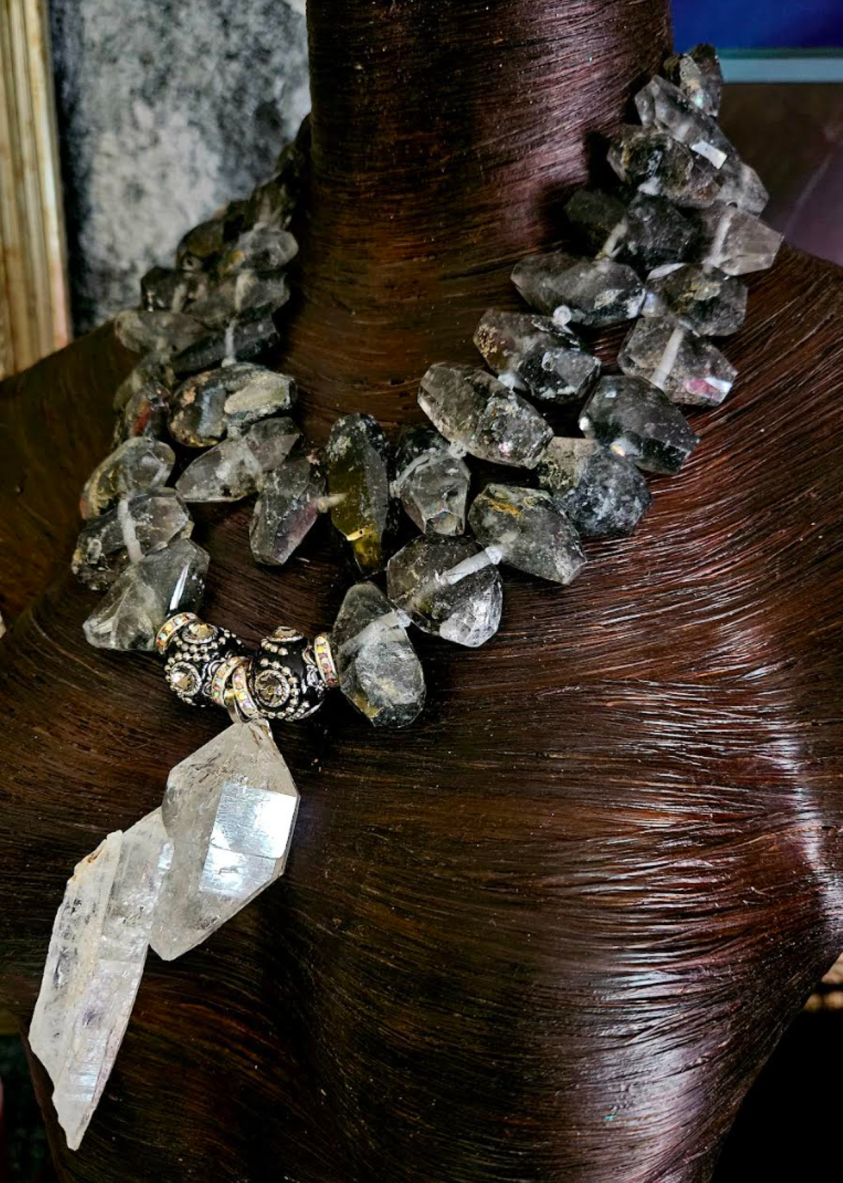 Huge Herkimer Diamond Quartz Pendant with Double Terminated Tibetan Quartz Statement Necklace, Luxury Crystal Chest Piece