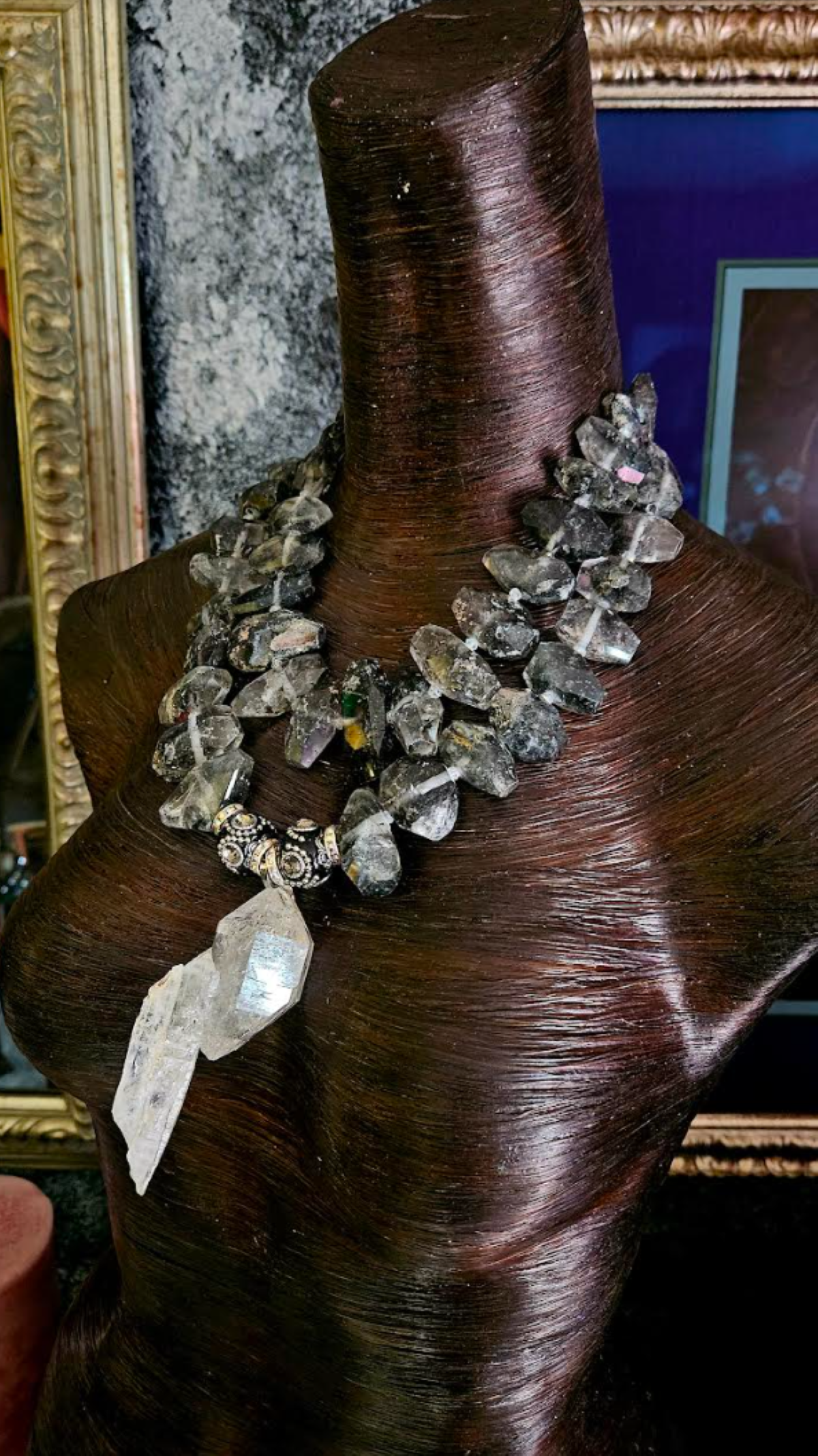 Huge Herkimer Diamond Quartz Pendant with Double Terminated Tibetan Quartz Statement Necklace, Luxury Crystal Chest Piece